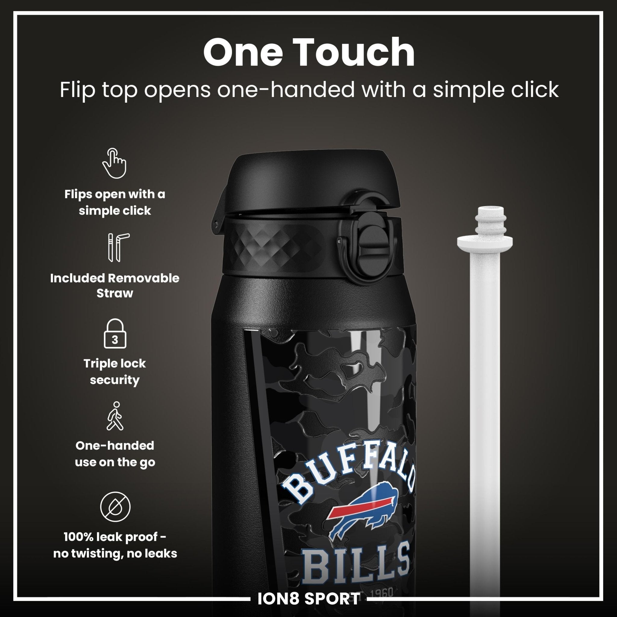 ION8 NFL Bills insulated steel water bottle, 750ml (24oz), durable stainless steel with team logo, keeps drinks cold or hot.