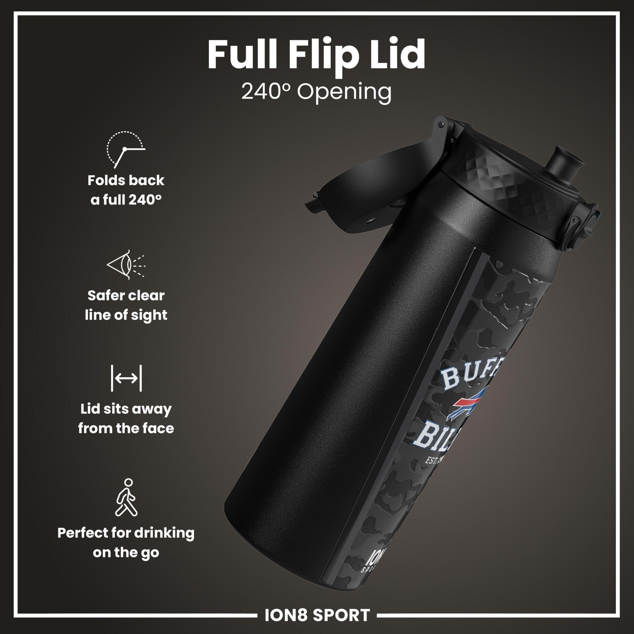 Ion8 NFL Bills insulated steel water bottle, 750ml, with team logo and leak-proof design, ideal for sports and outdoor use.