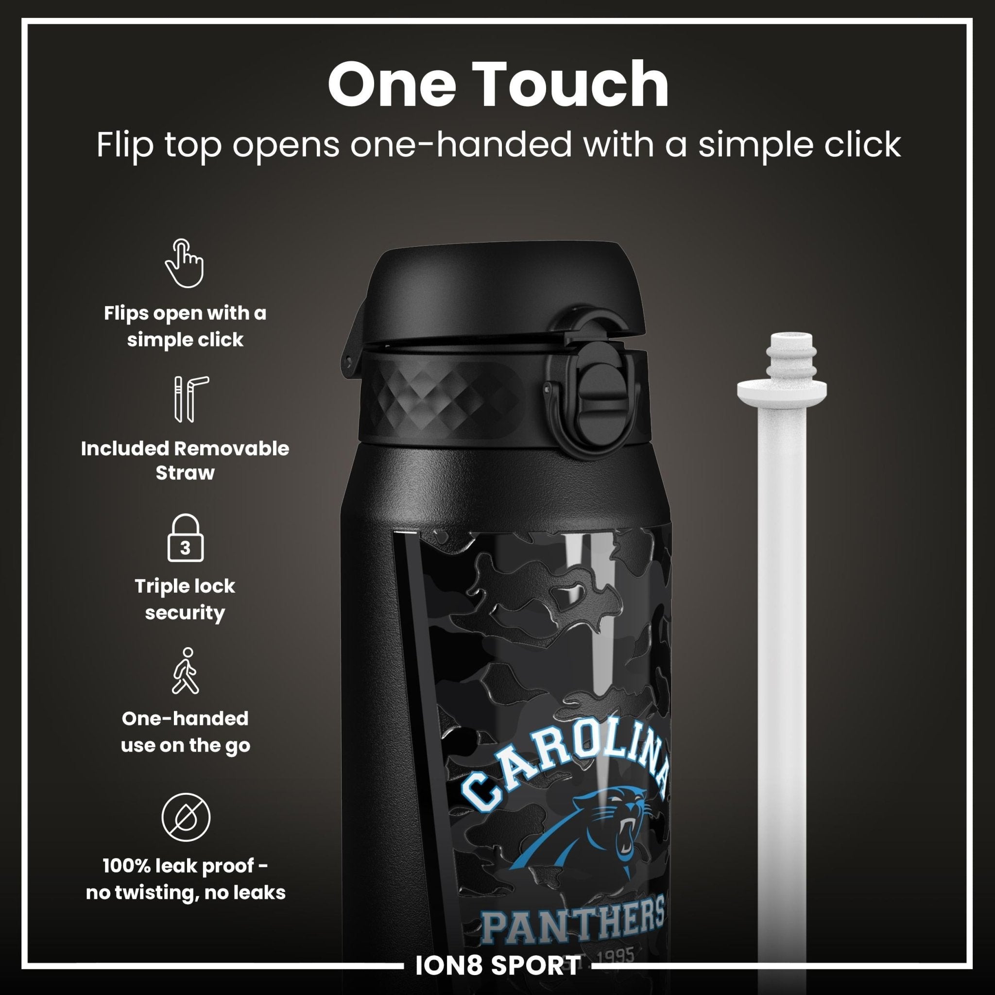 ION8 NFL Panthers insulated steel water bottle, 750ml, with team logo, durable design, and leak-proof lid for sports and outdoor use.