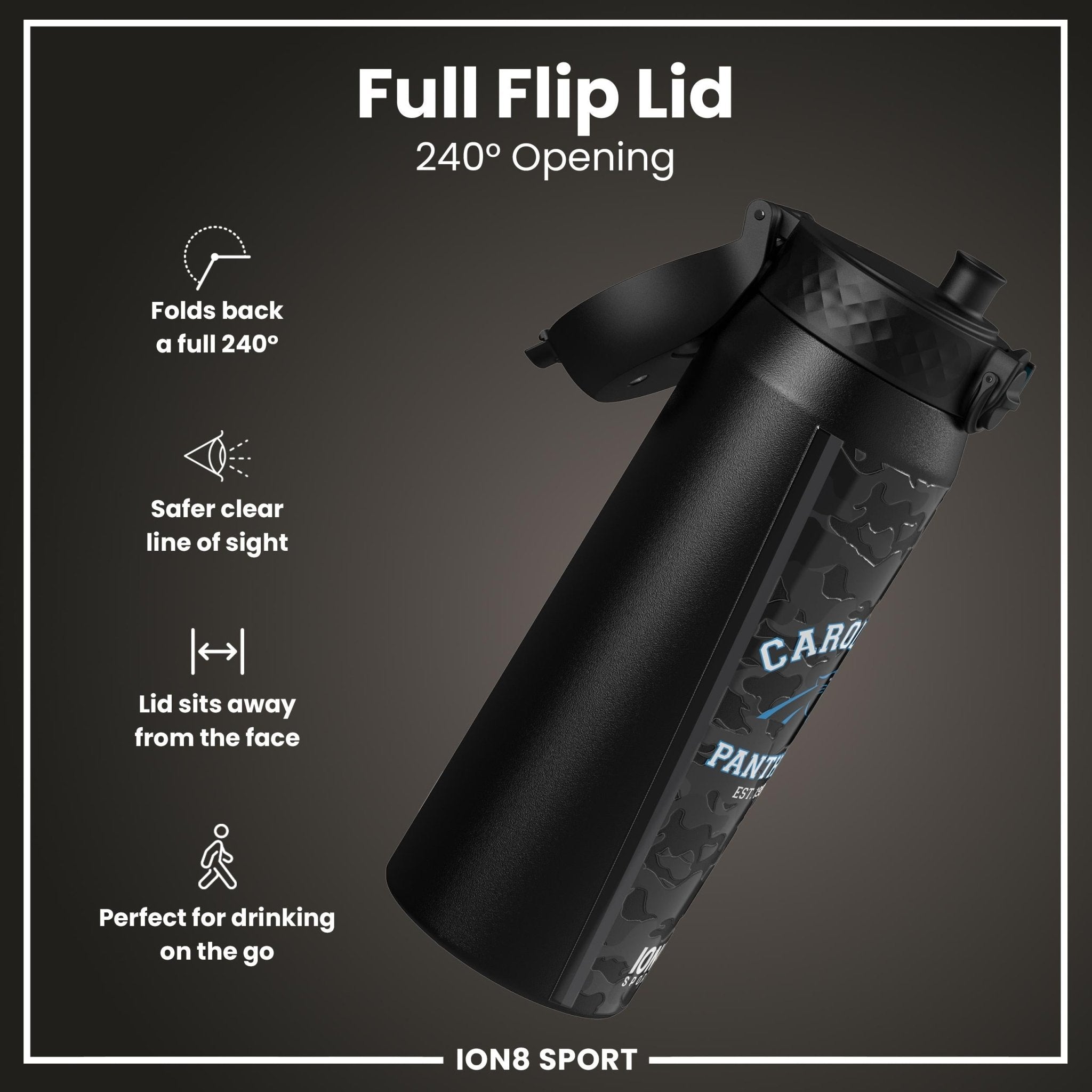 Ion8 NFL Panthers insulated steel water bottle, 750ml, featuring team logo and design, durable and leak-proof for outdoor use.