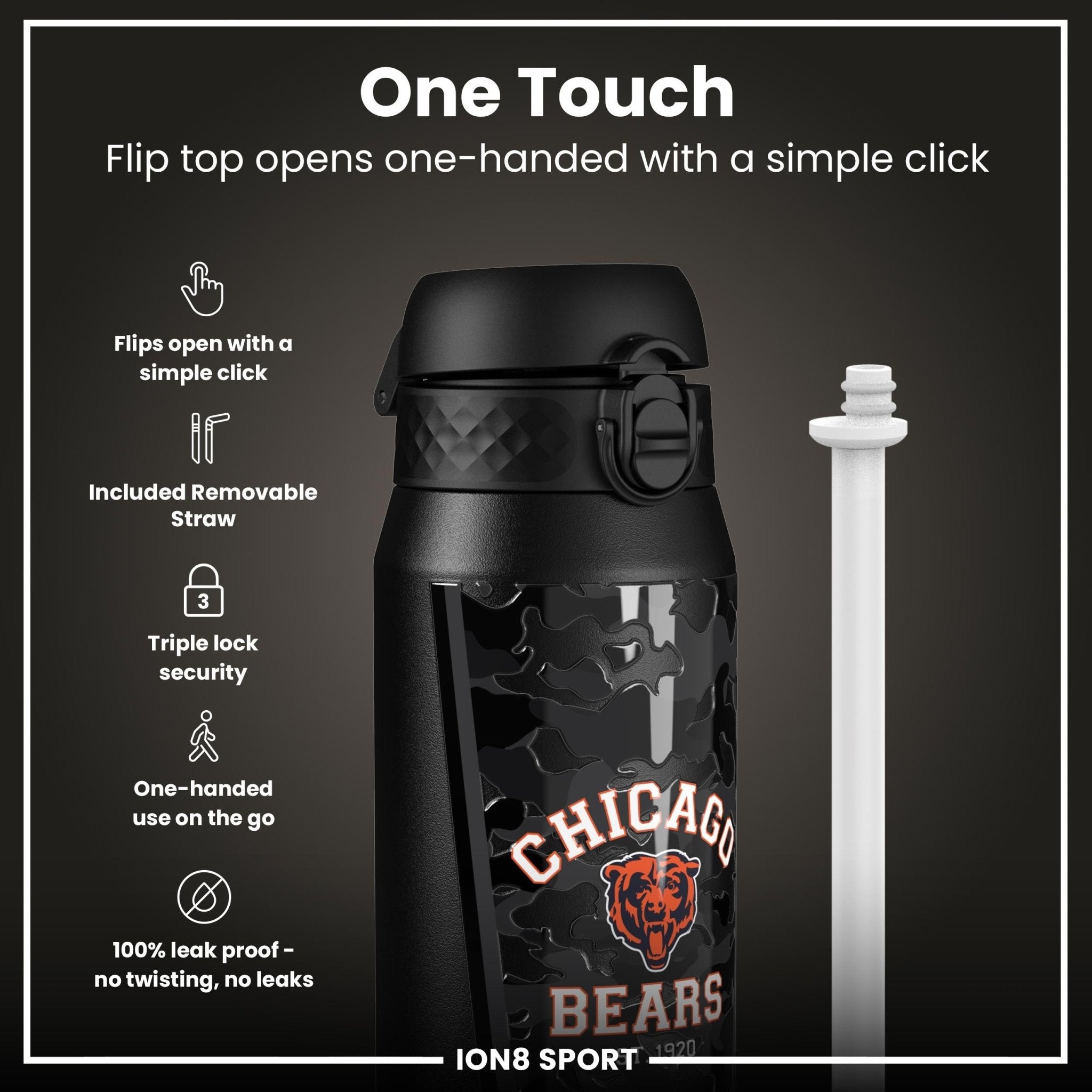 ION8 NFL Bears insulated steel water bottle, 750ml, with team logo, stainless steel construction, and leak-proof design.
