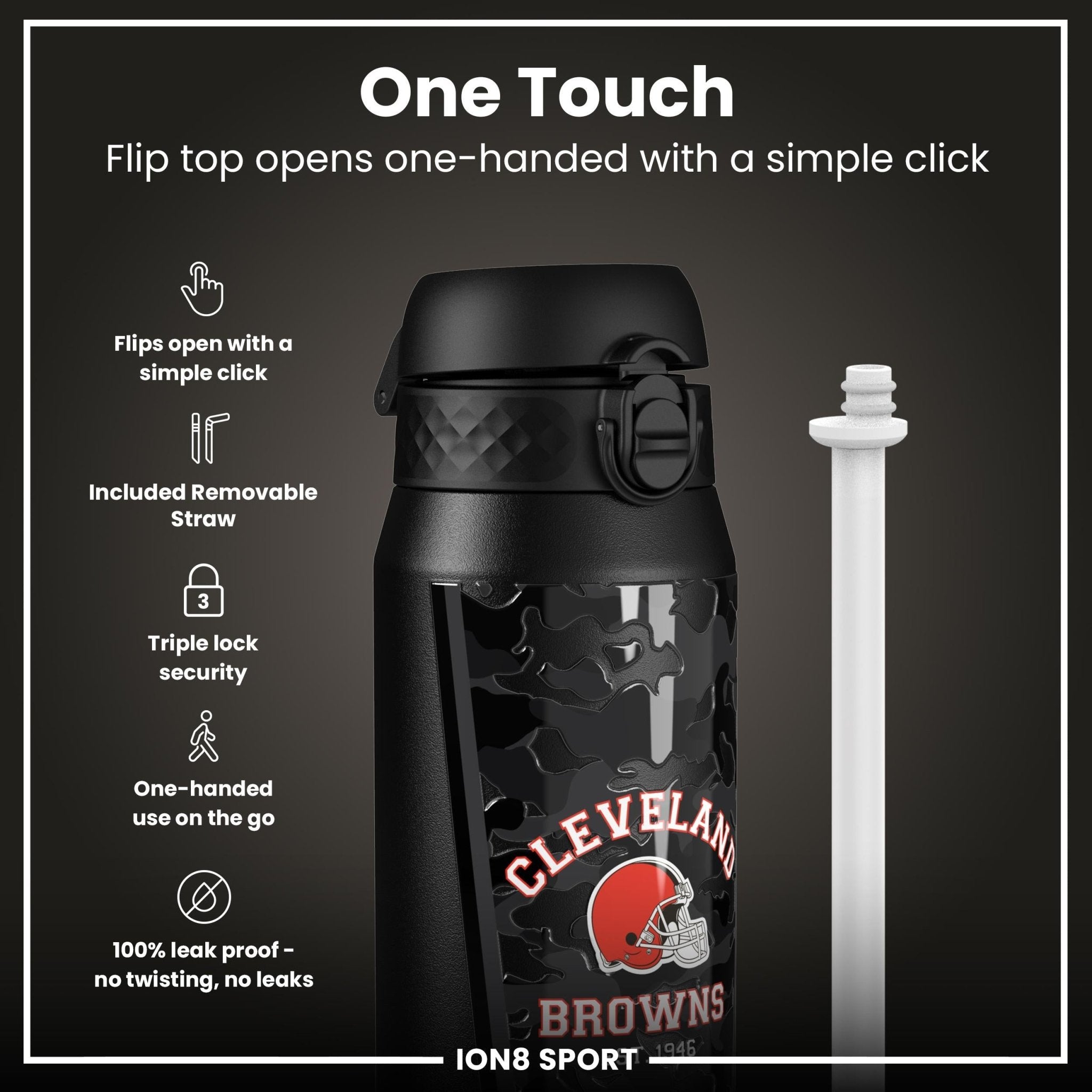 ION8 NFL Browns insulated steel water bottle, 750ml (24oz), with NFL Browns team logo and sleek design.