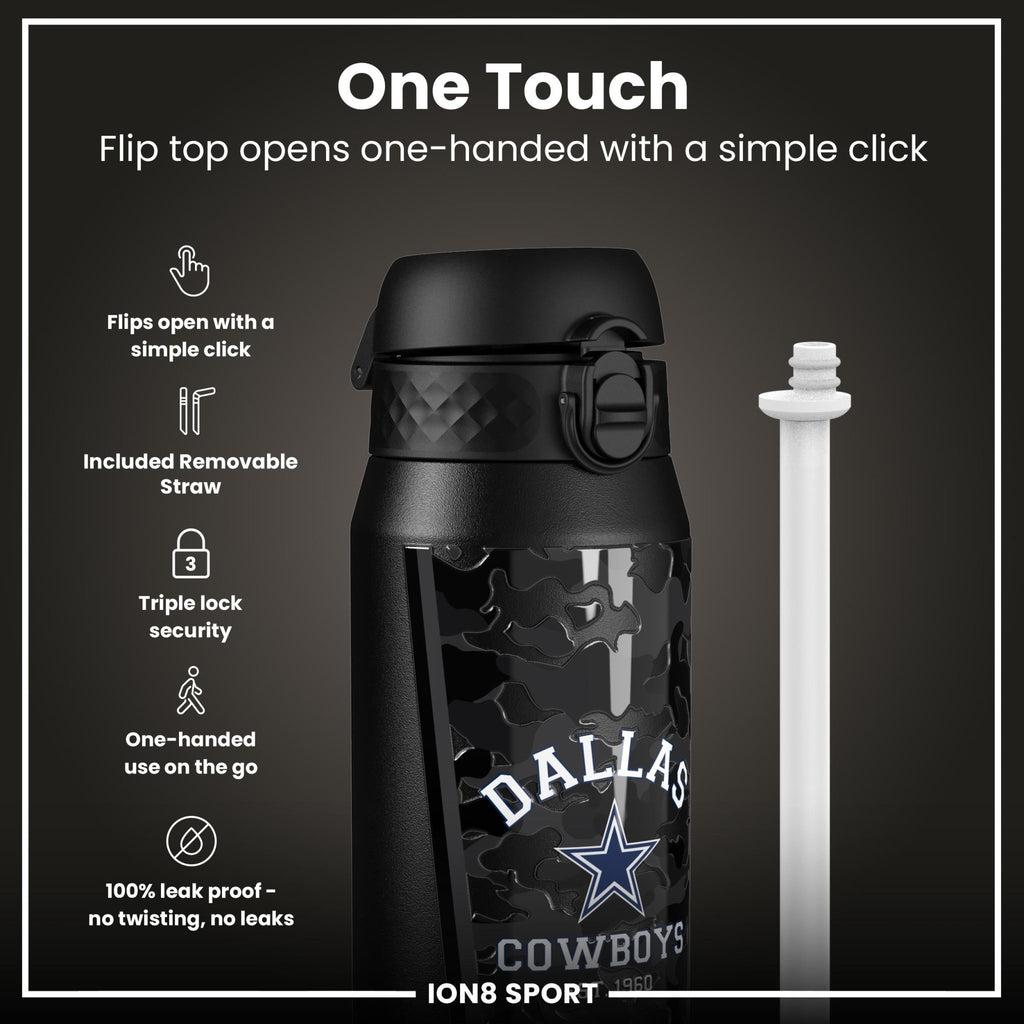 ION8 NFL Cowboys insulated steel water bottle, 750ml, with team logo, durable design, and leak-proof lid.