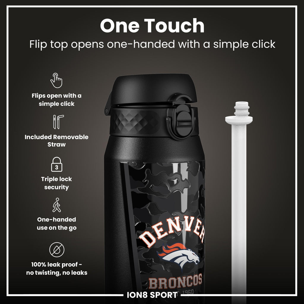 Ion8 NFL Broncos insulated steel water bottle, 750ml, with Broncos logo and sleek stainless steel design.