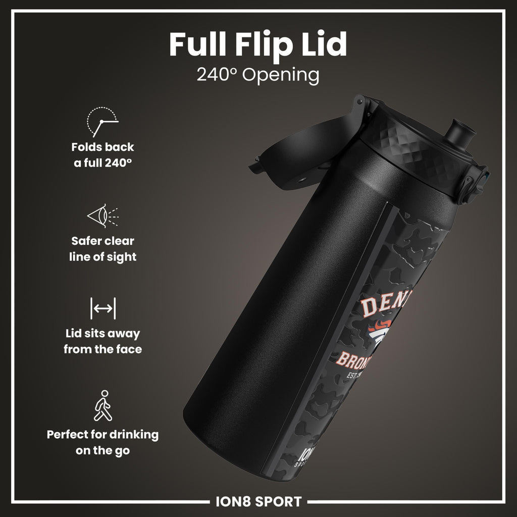 ION8 NFL Broncos insulated steel water bottle, 750ml (24oz), featuring team logo and durable design for sports and outdoor use