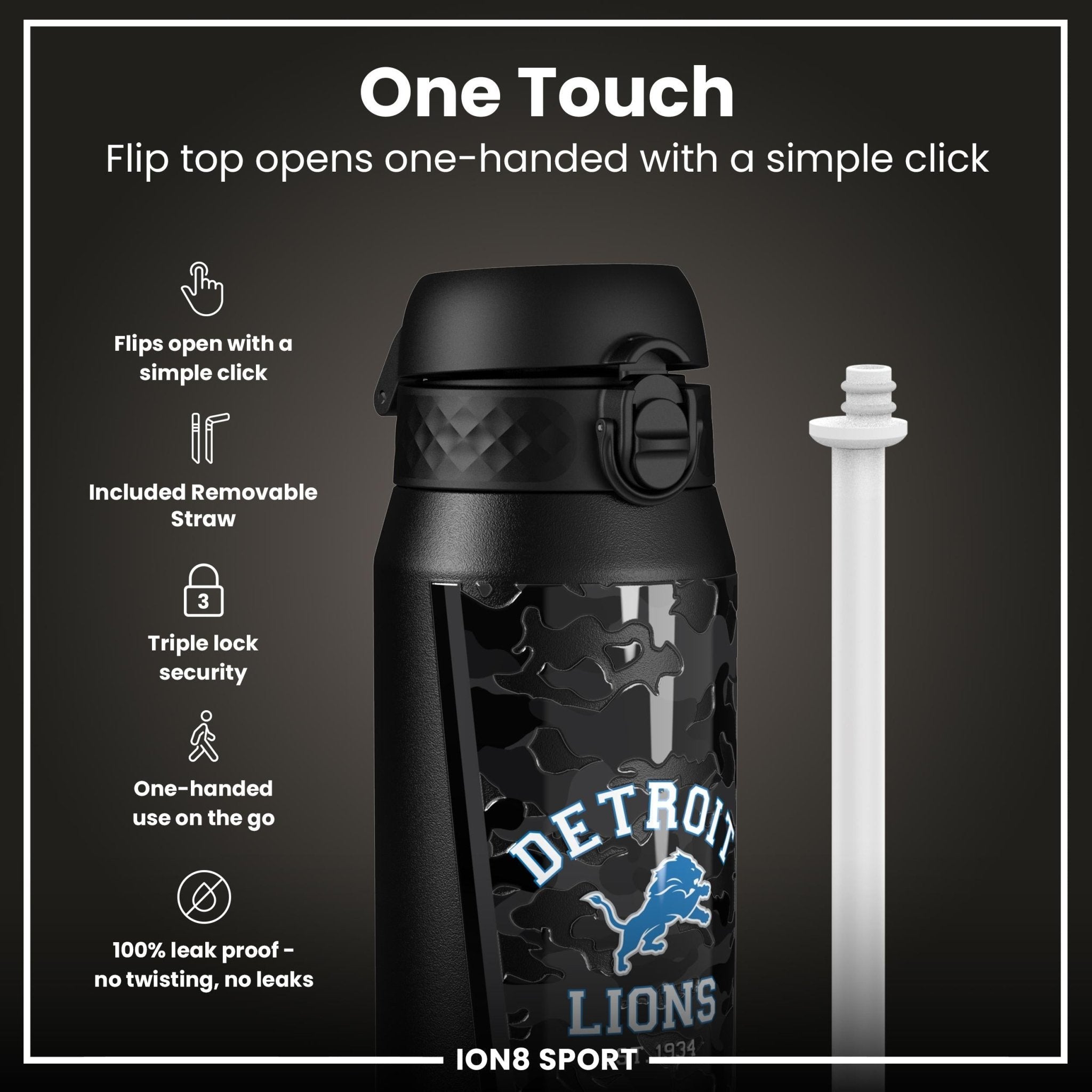 ION8 NFL Lions insulated steel water bottle, 750ml (24oz), durable design with team logo, ideal for sports and outdoor use