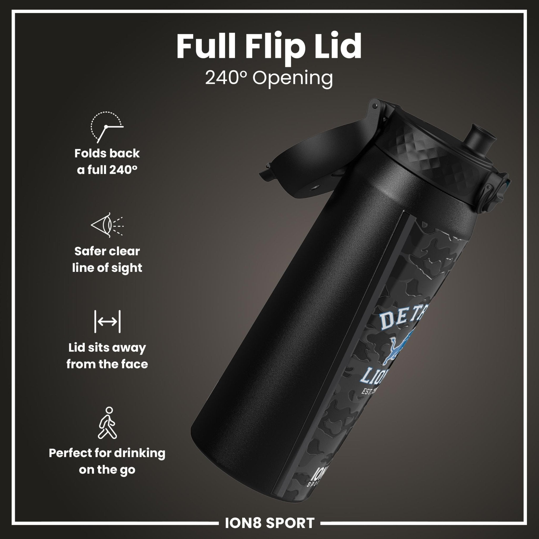 ION8 NFL Lions insulated steel water bottle, 750ml, with team logo and lid, durable and leak-proof for sports and outdoor use
