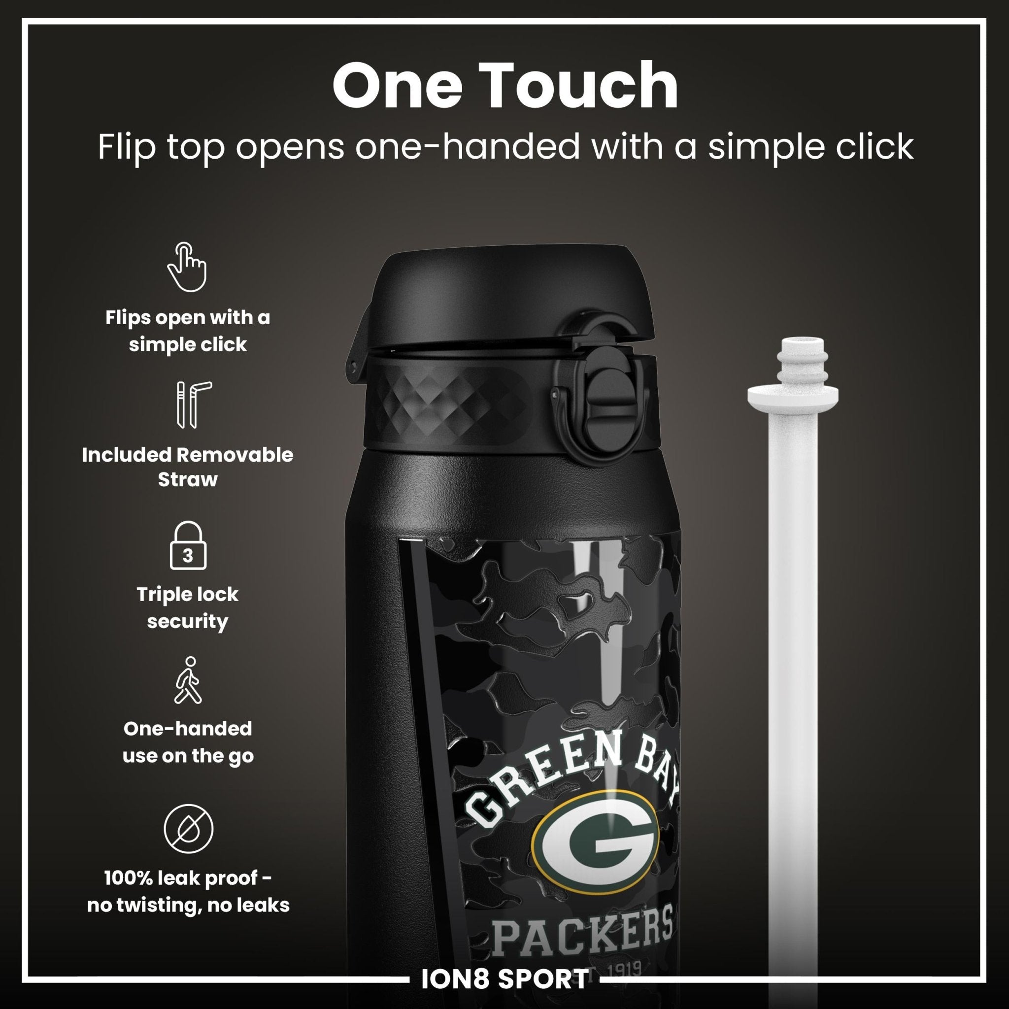 NFL x ION8 insulated steel water bottle featuring Packers logo, 750ml capacity, durable design for sports and outdoor use