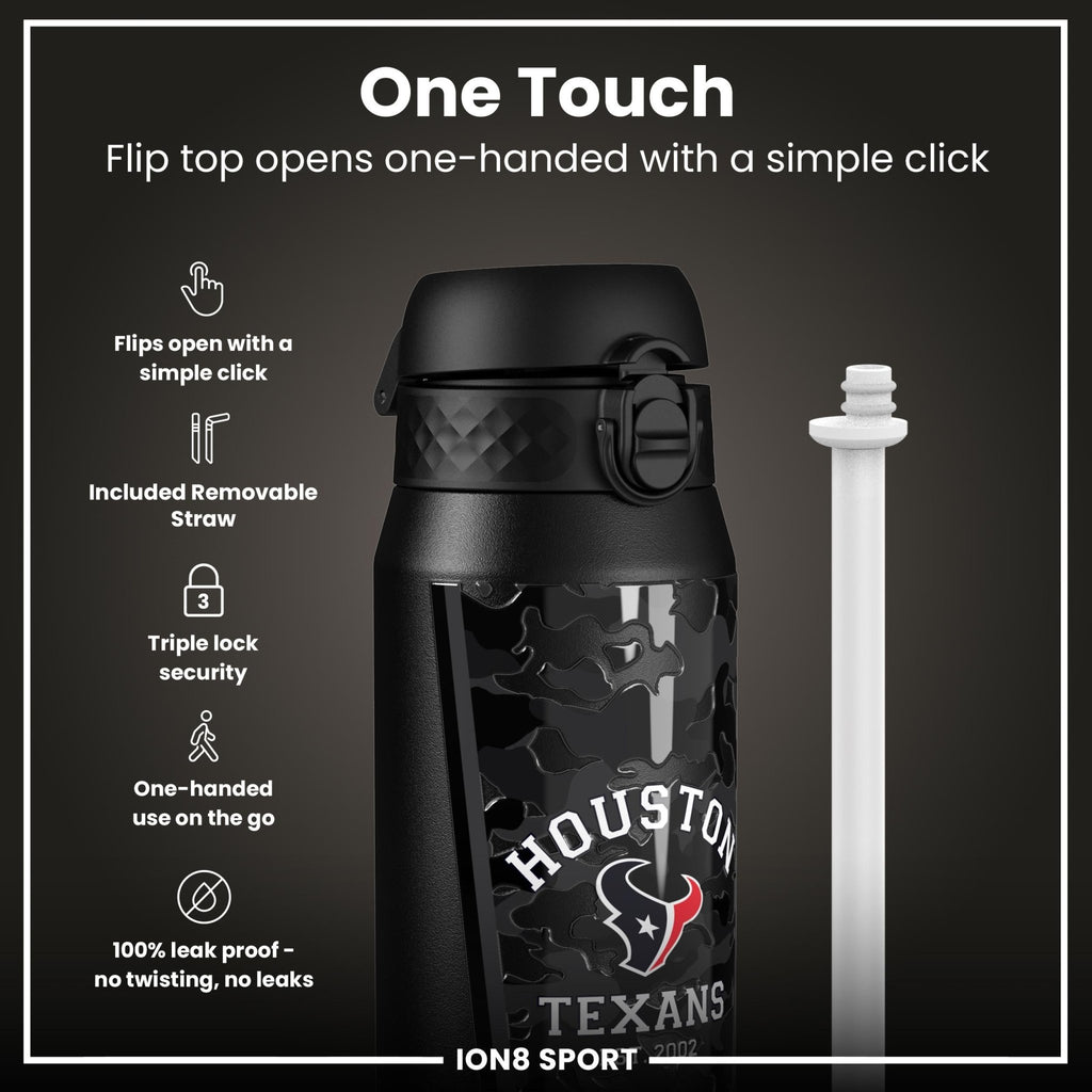 ION8 NFL Texans insulated steel water bottle, 750ml, with team logo and durable design for keeping drinks hot or cold.