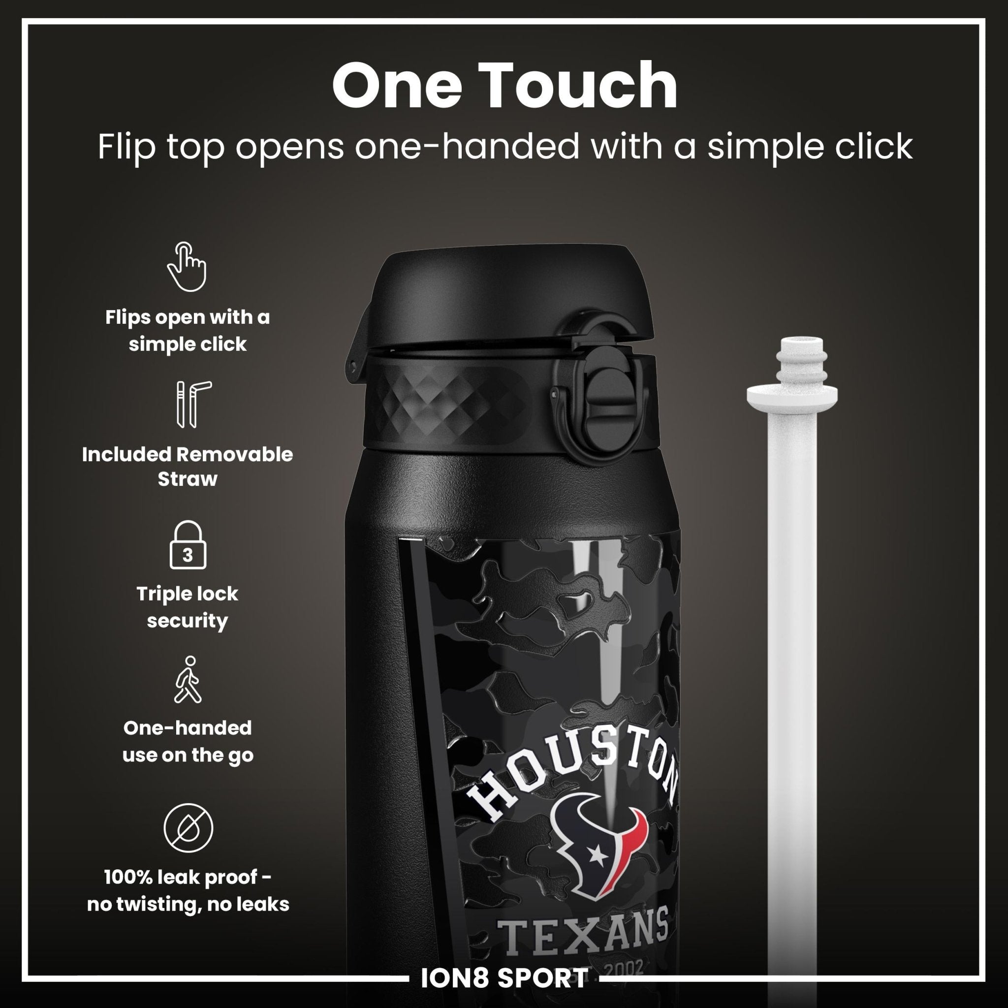 ION8 NFL Texans insulated steel water bottle, 750ml, with team logo and durable design for keeping drinks hot or cold.