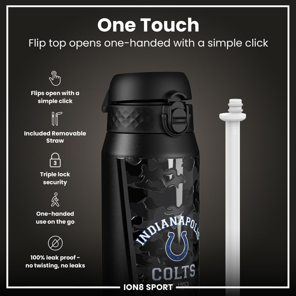 ION8 NFL Colts insulated steel water bottle, 750ml, with team logo and design, durable and leak-proof for sports and daily use.