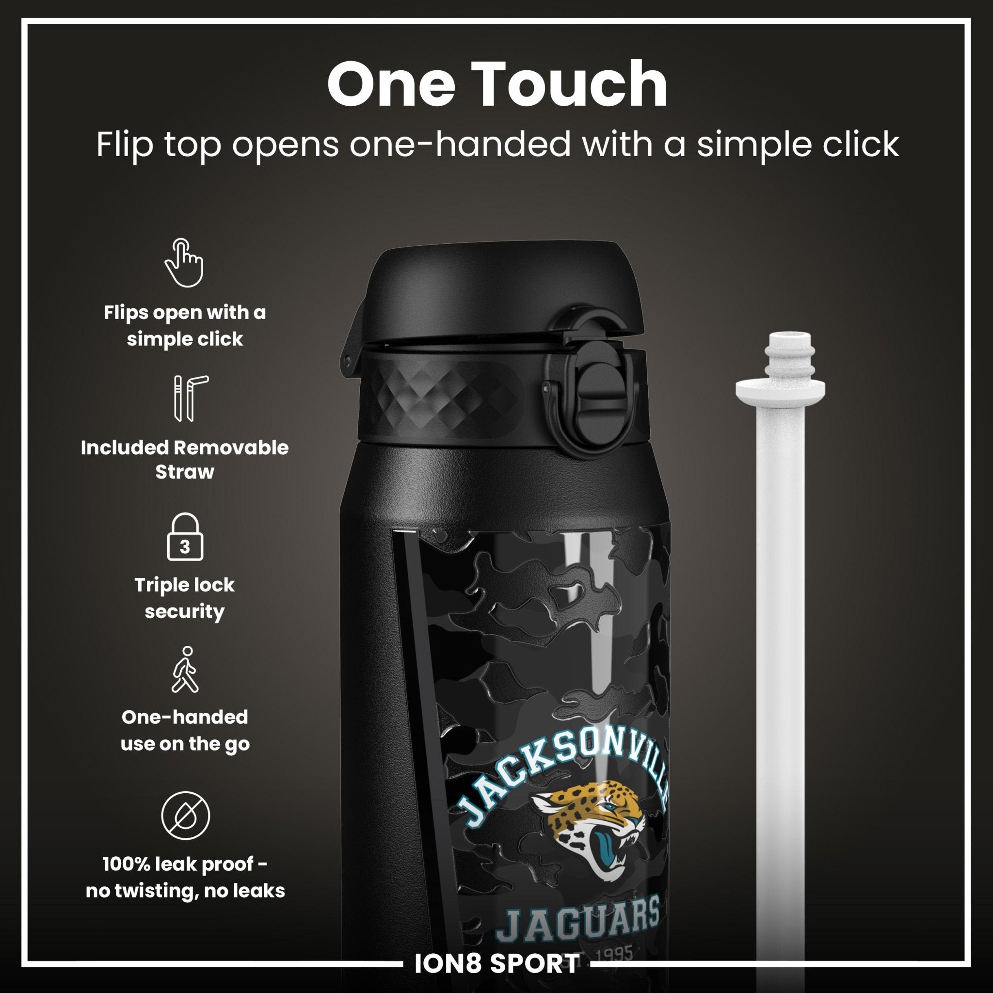 Insulated steel water bottle by ION8 featuring NFL Jaguars logo, 750ml (24oz) capacity, with a sleek design and durable build.