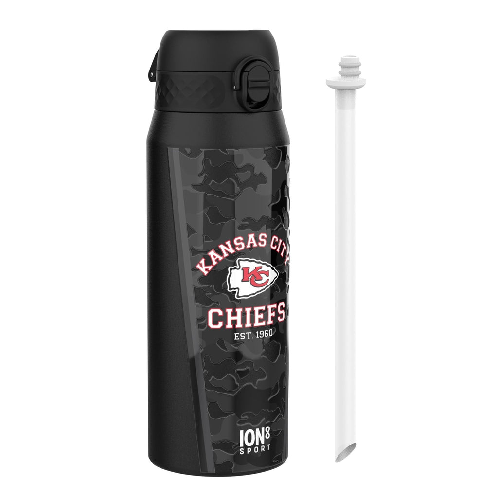 ION8 NFL Chiefs insulated steel water bottle, 750ml (24oz), durable drink container with team logo and leak-proof design.