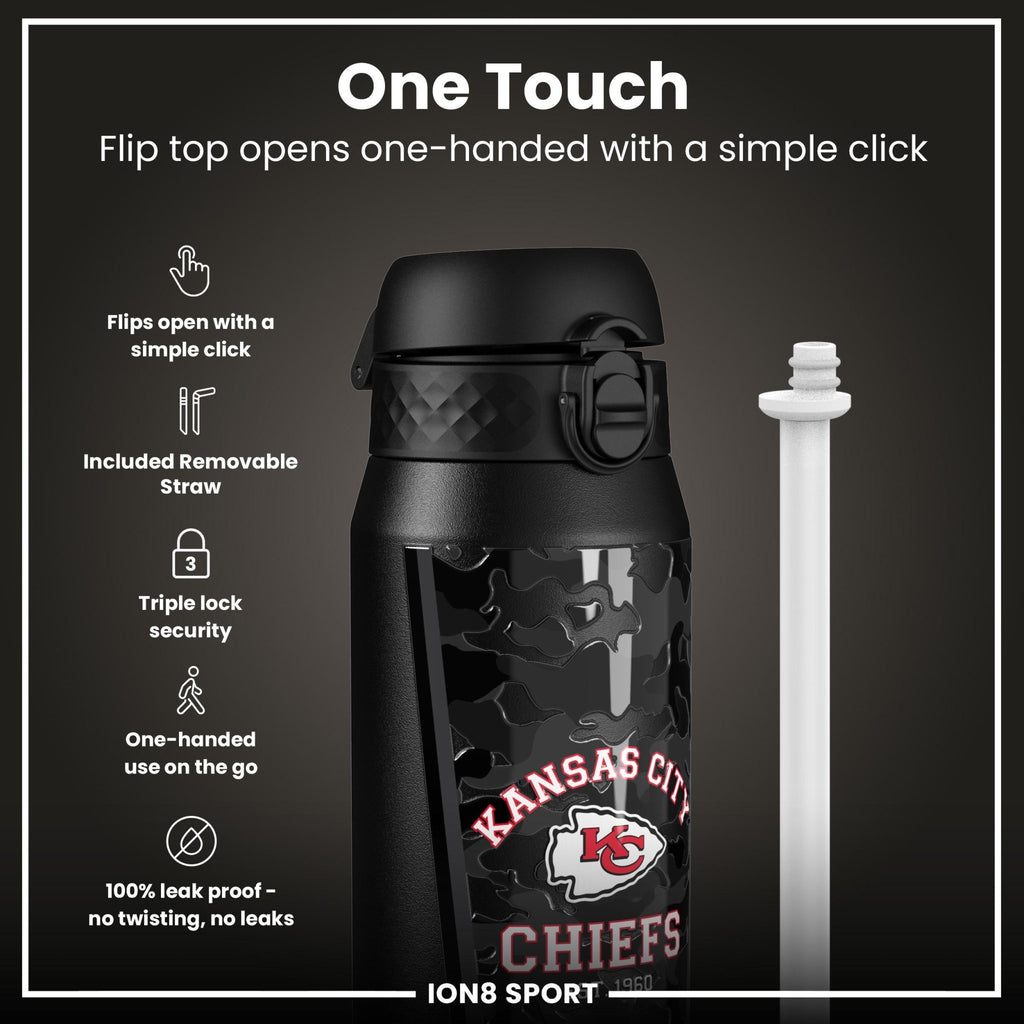 NFL Chiefs ION8 insulated steel water bottle, 750ml, with team logo and durable design for hot or cold beverages.