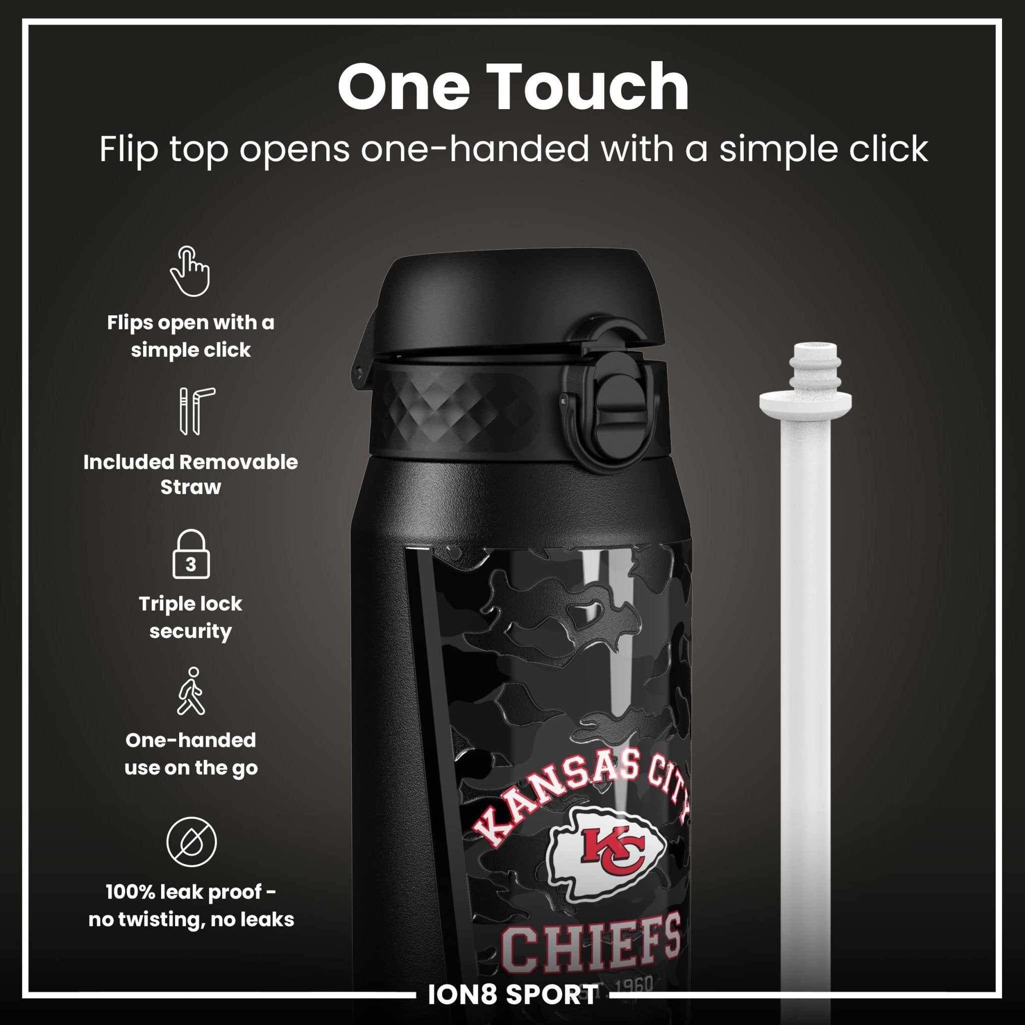 NFL Chiefs ION8 insulated steel water bottle, 750ml, with team logo and durable design for hot or cold beverages.
