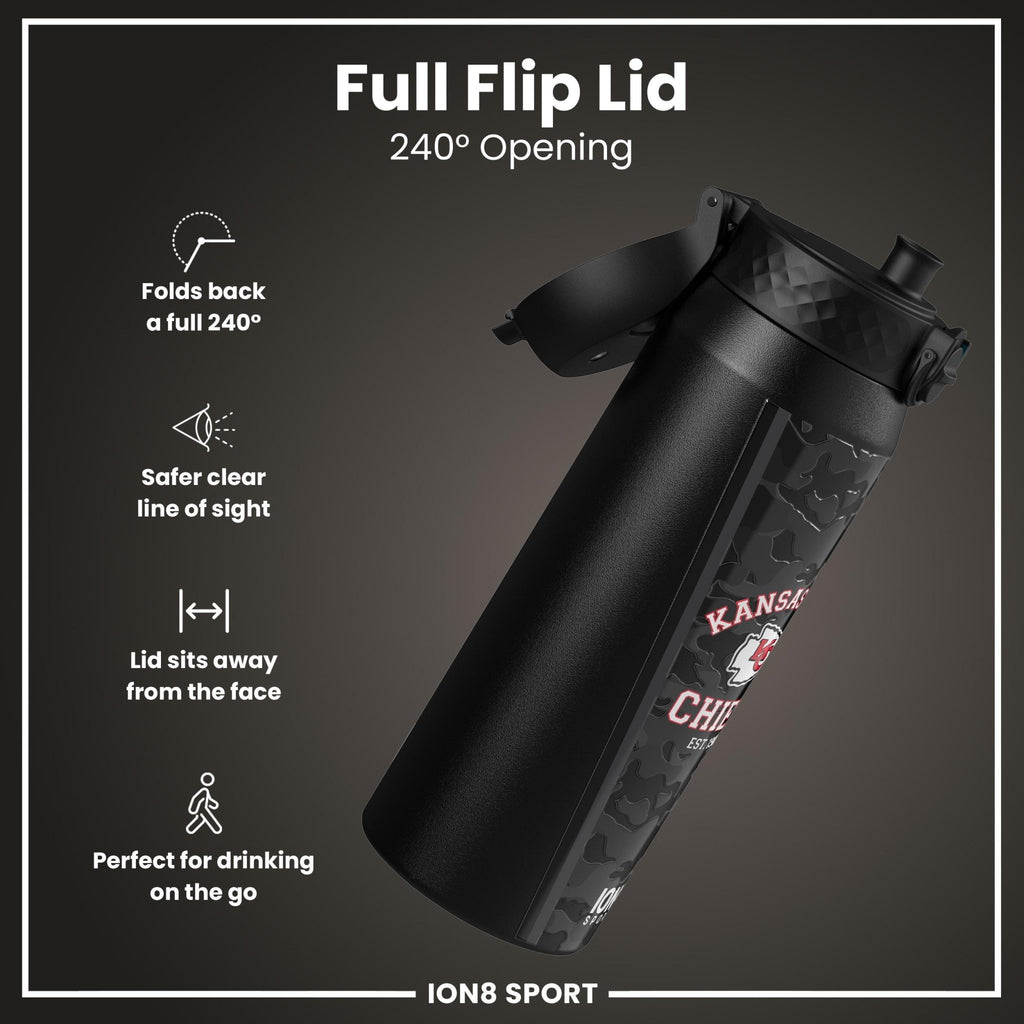 ION8 NFL Chiefs insulated steel water bottle, 750ml (24oz), durable design with team logo, perfect for staying hydrated on the go.