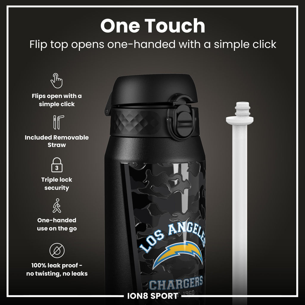 NFL Chargers insulated steel water bottle by ION8, 750ml (24oz), with Chargers team logo and durable design.