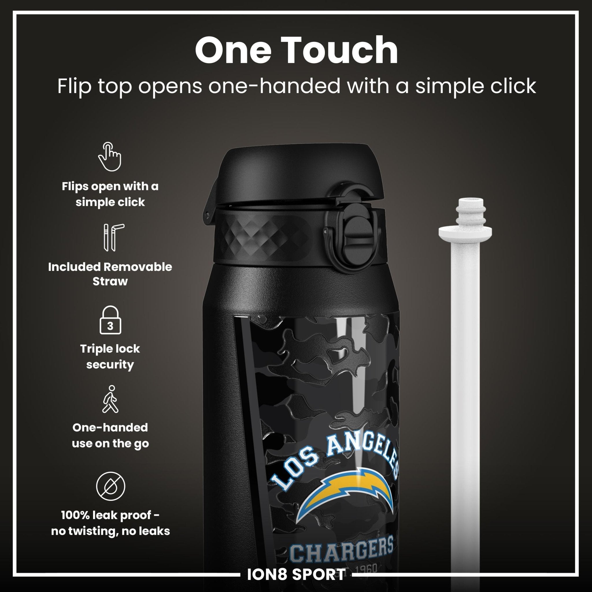NFL Chargers insulated steel water bottle by ION8, 750ml (24oz), with Chargers team logo and durable design.