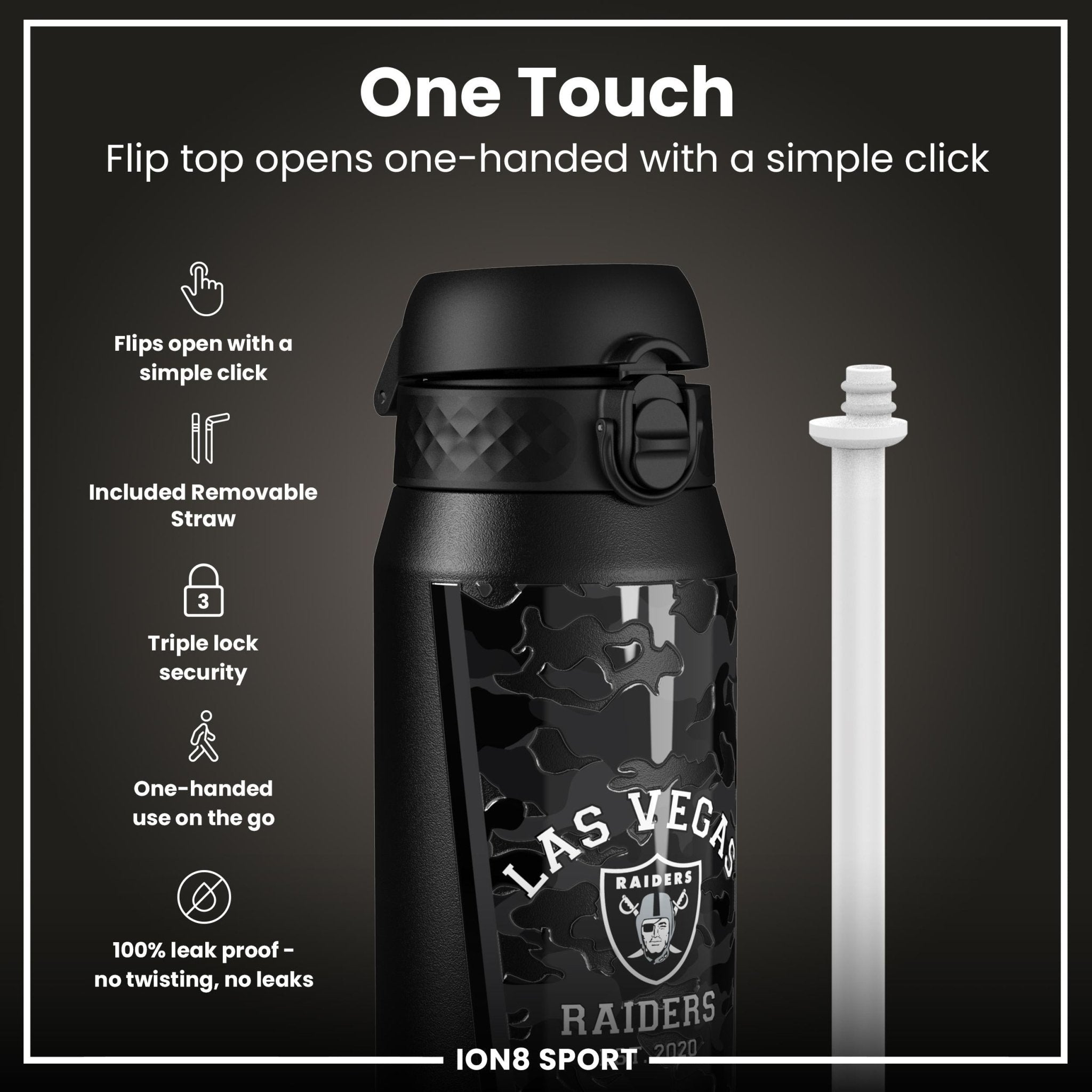 Ion8 NFL Raiders insulated steel water bottle, 750ml, durable design with team logo, perfect for sports and outdoor use.
