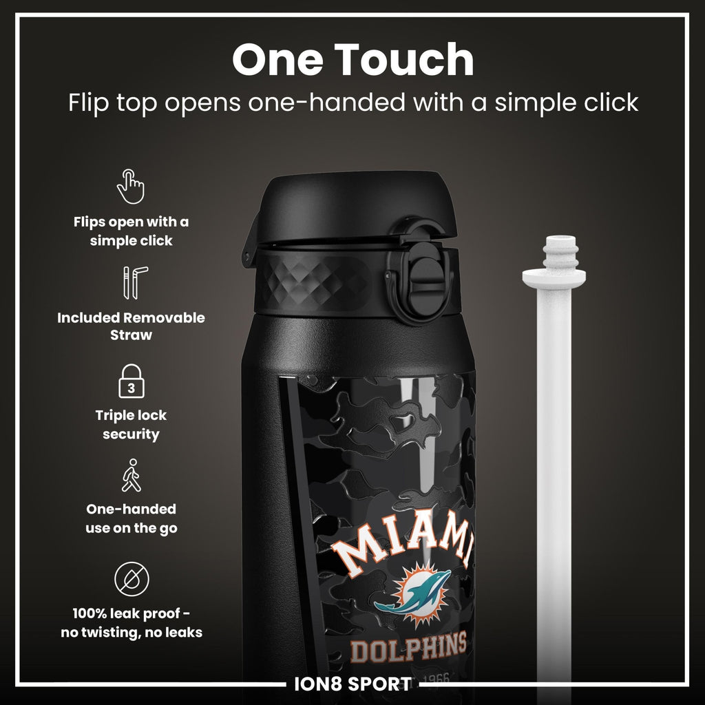 ION8 NFL Dolphins insulated steel water bottle, 750ml, with Dolphins team logo and sleek stainless steel design.