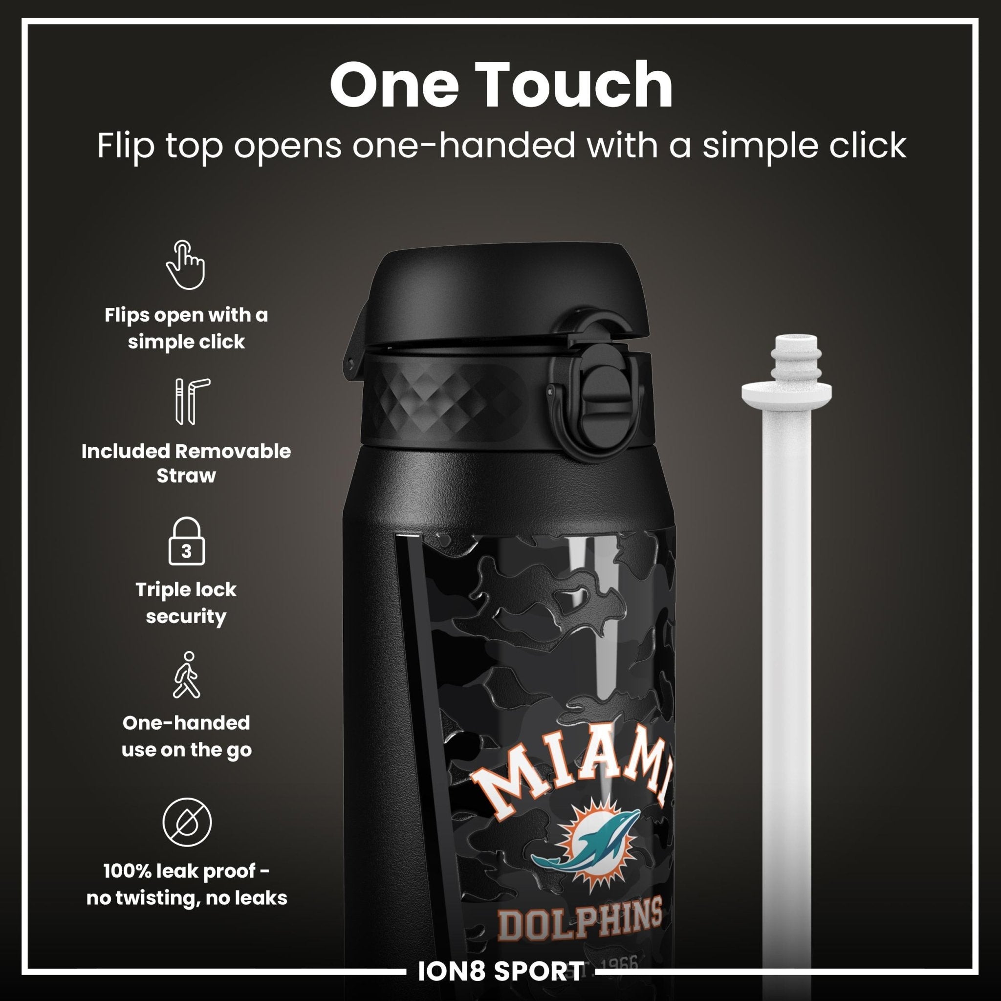 ION8 NFL Dolphins insulated steel water bottle, 750ml, with Dolphins team logo and sleek stainless steel design.