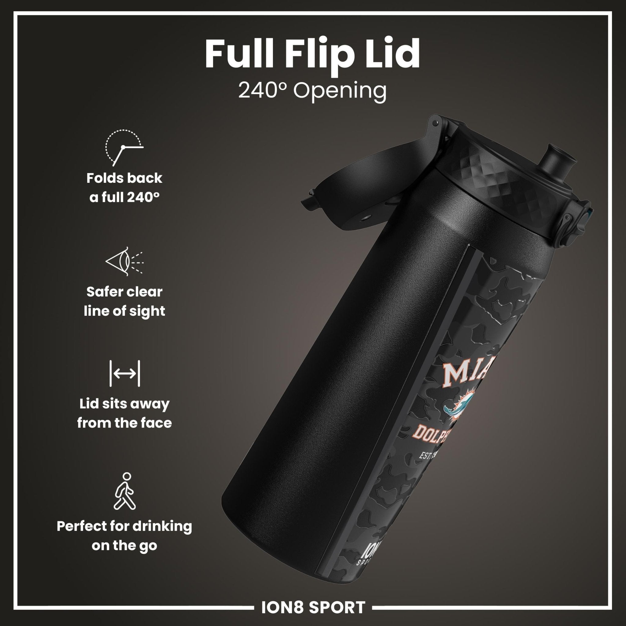 NFL Dolphins ION8 insulated steel water bottle, 750ml, with team logo and durable design for sports hydration.