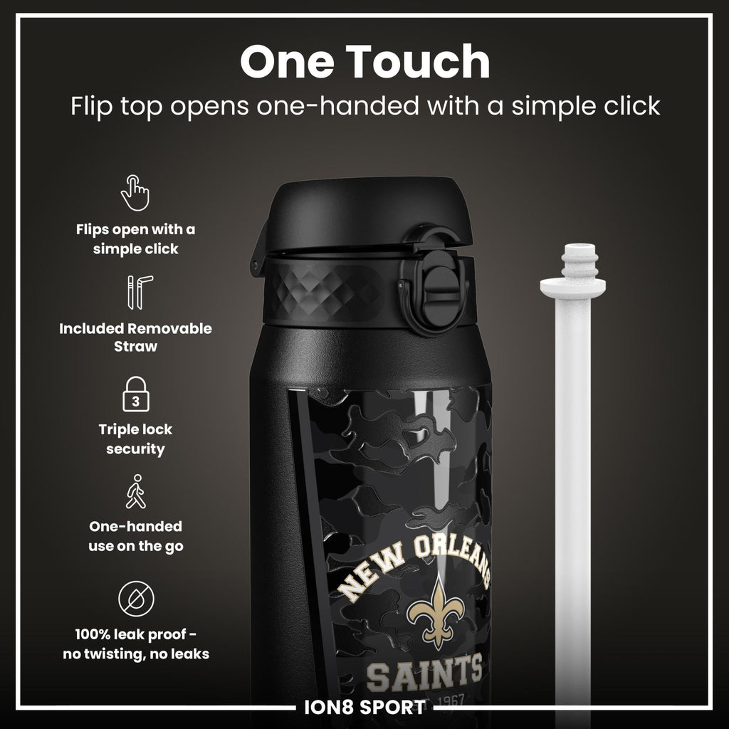 ION8 NFL Saints insulated steel water bottle, 750ml, with team logo and durable construction, perfect for sports and outdoor use