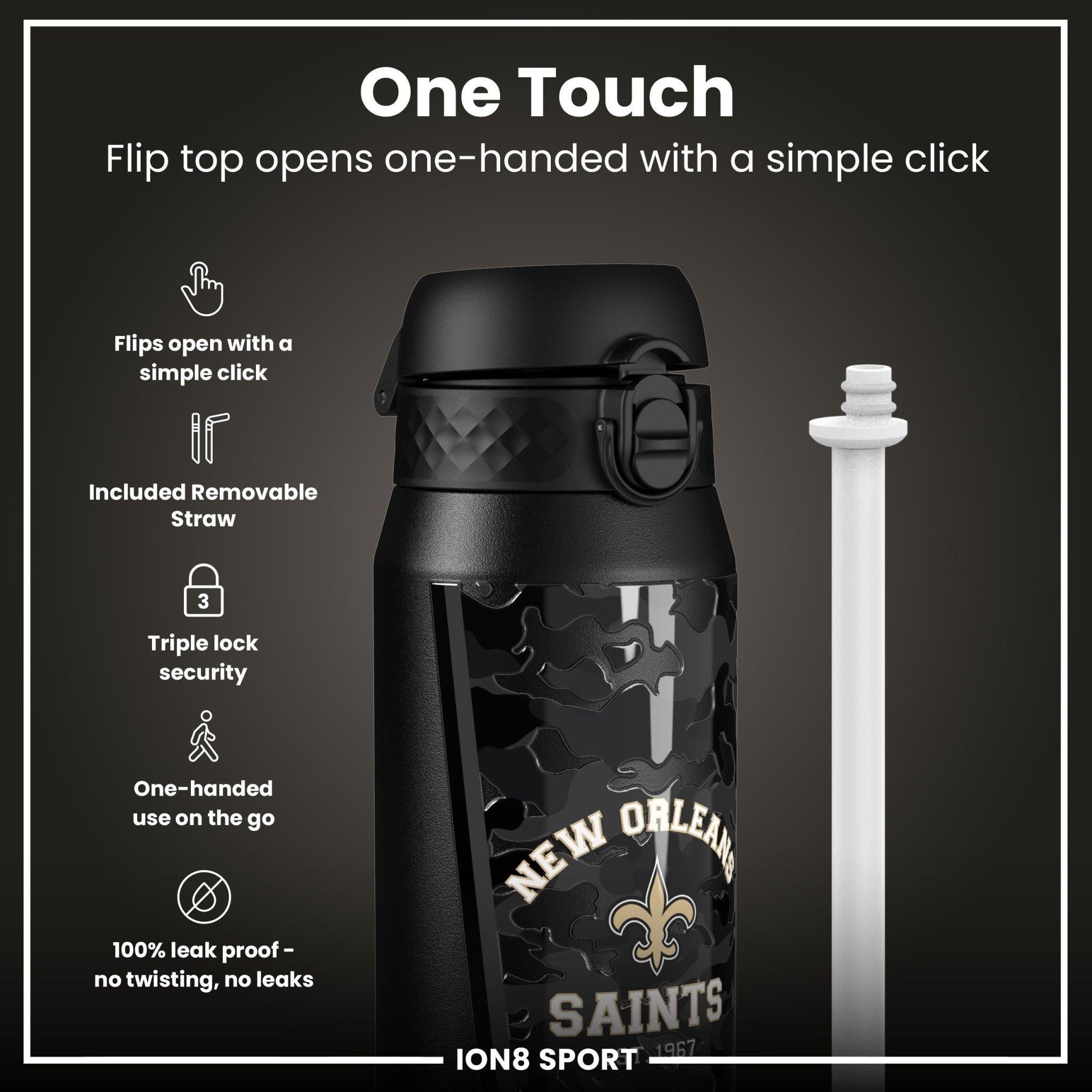 ION8 NFL Saints insulated steel water bottle, 750ml, with team logo and durable construction, perfect for sports and outdoor use