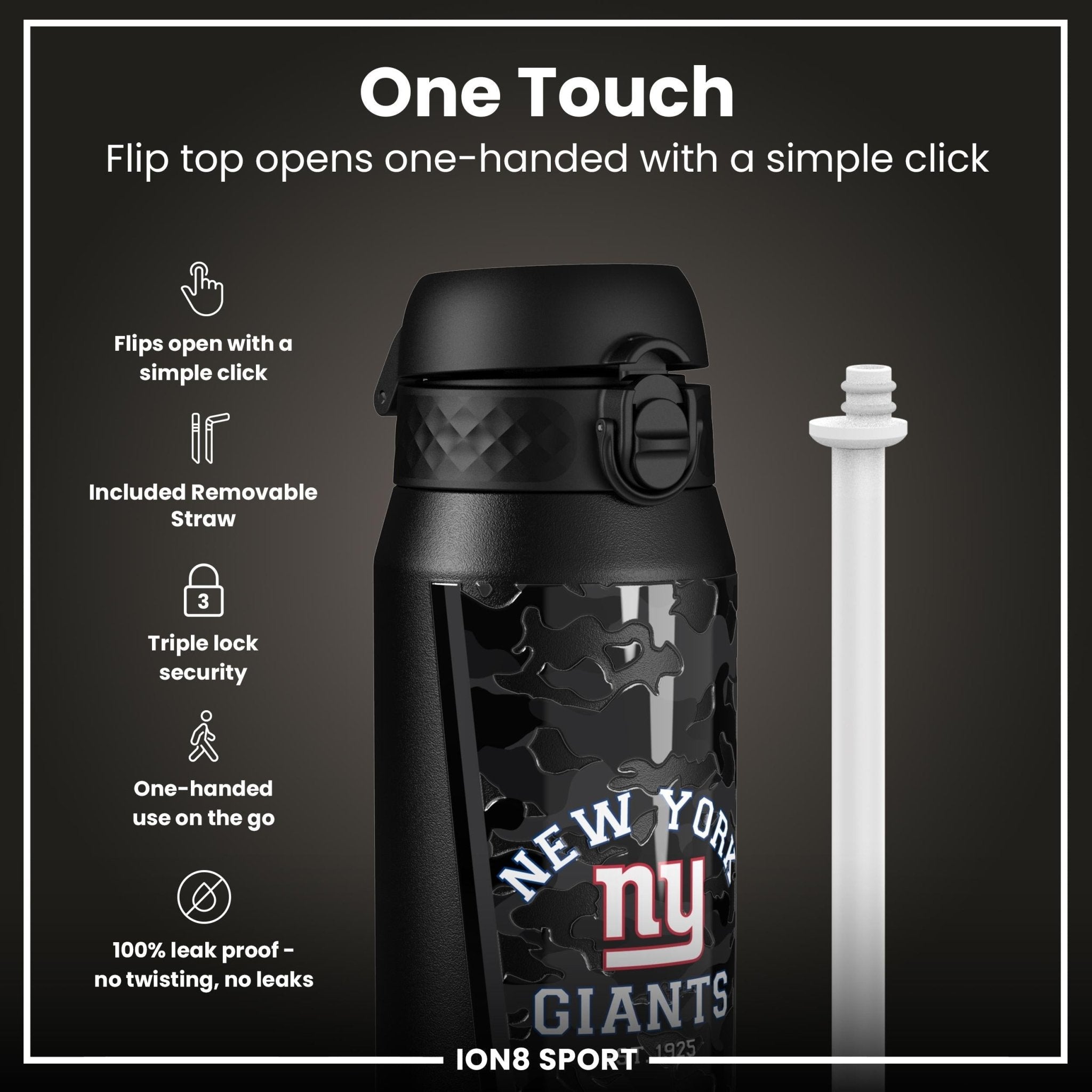 Ion8 NFL Giants insulated steel water bottle, 750ml, with Giants team logo and sleek design for hot and cold drinks.