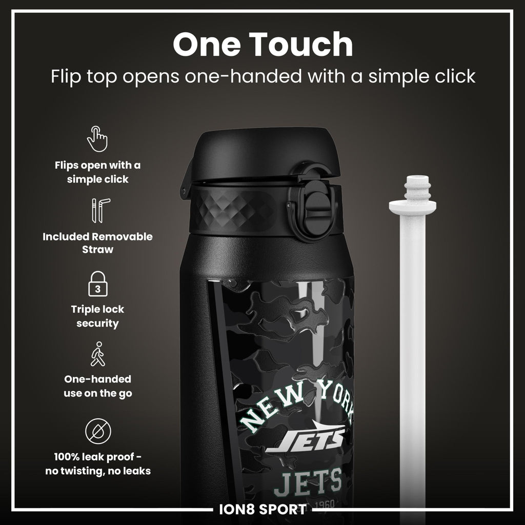 ION8 NFL Jets 750ml insulated steel water bottle with Jets logo, durable design for hot and cold beverages.