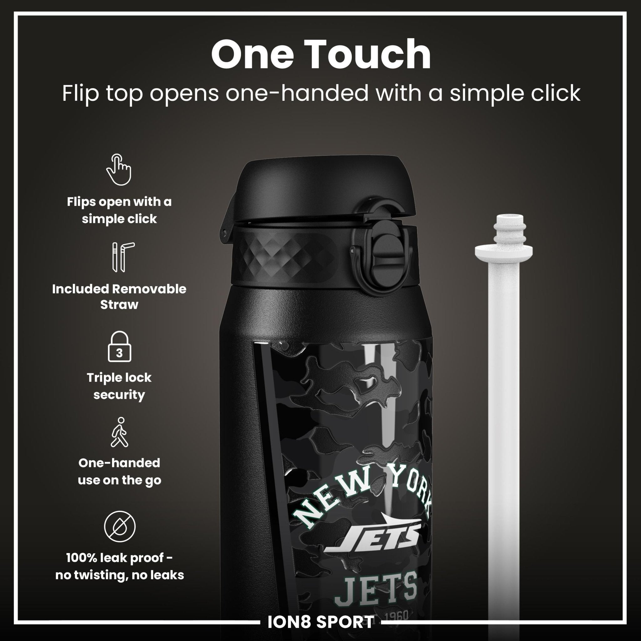 ION8 NFL Jets 750ml insulated steel water bottle with Jets logo, durable design for hot and cold beverages.