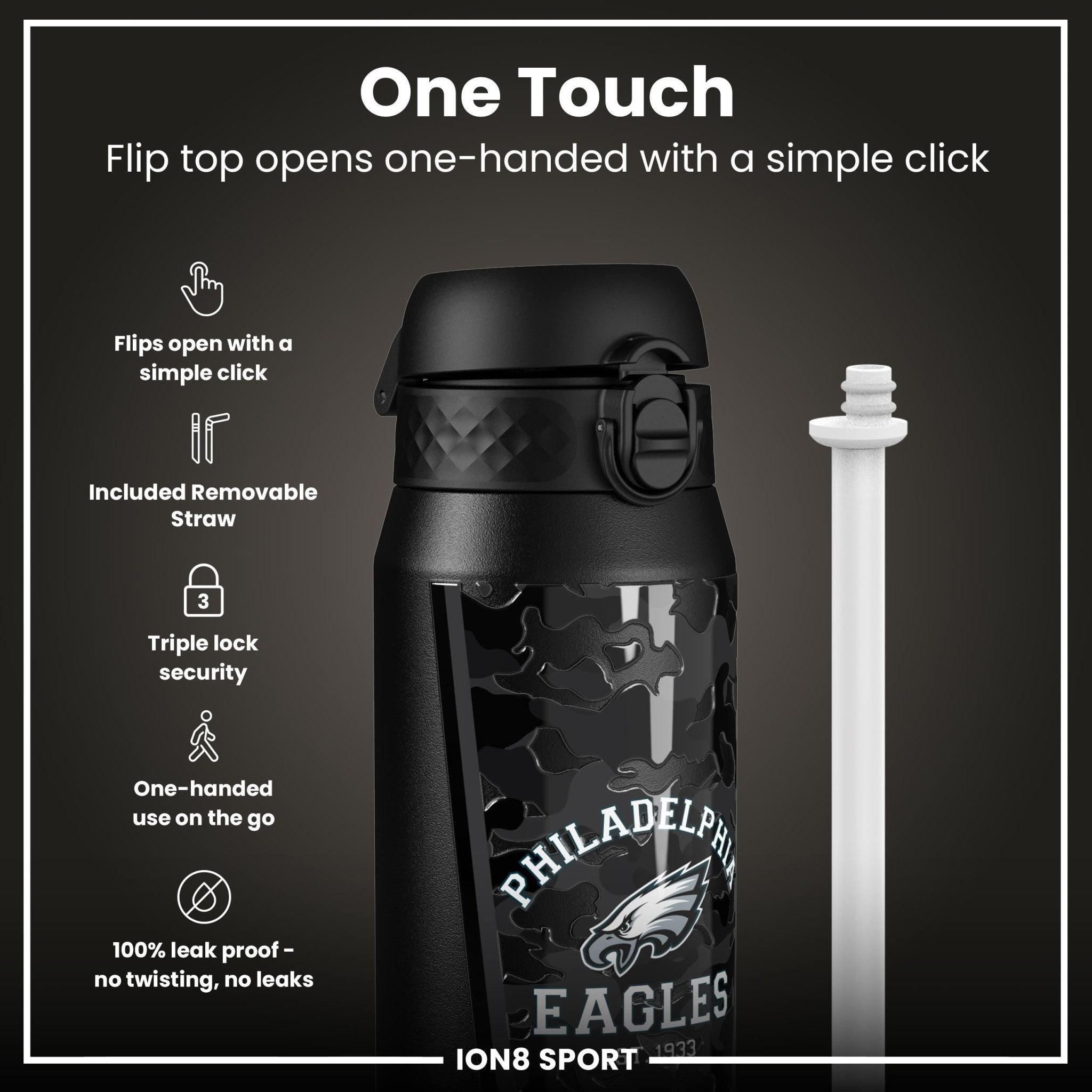 Ion8 insulated steel water bottle with NFL Eagles logo, 750ml (24oz), durable design for hot and cold beverages.