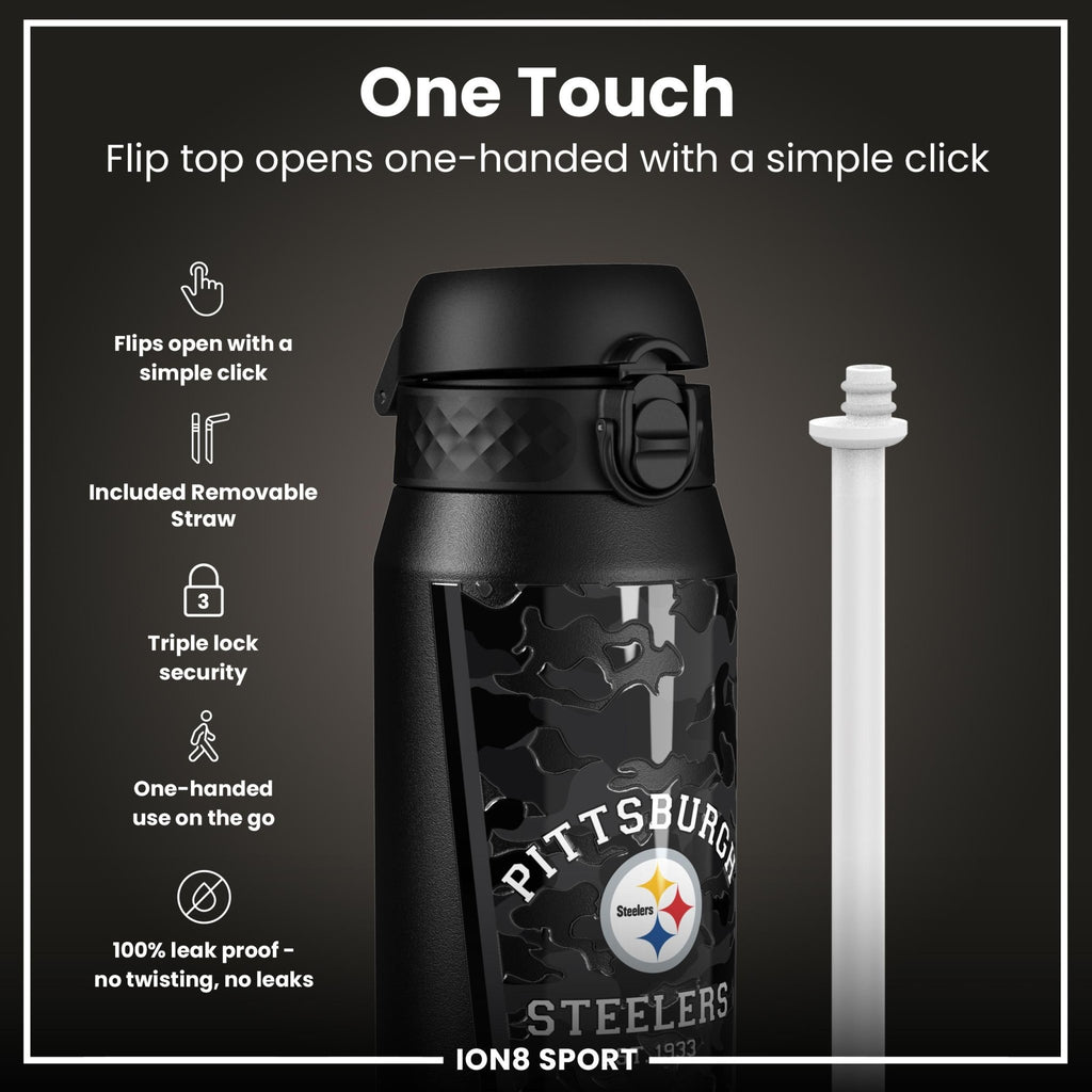 ION8 NFL Steelers insulated steel water bottle, 750ml, with team logo and durable design, suitable for sports and outdoor use
