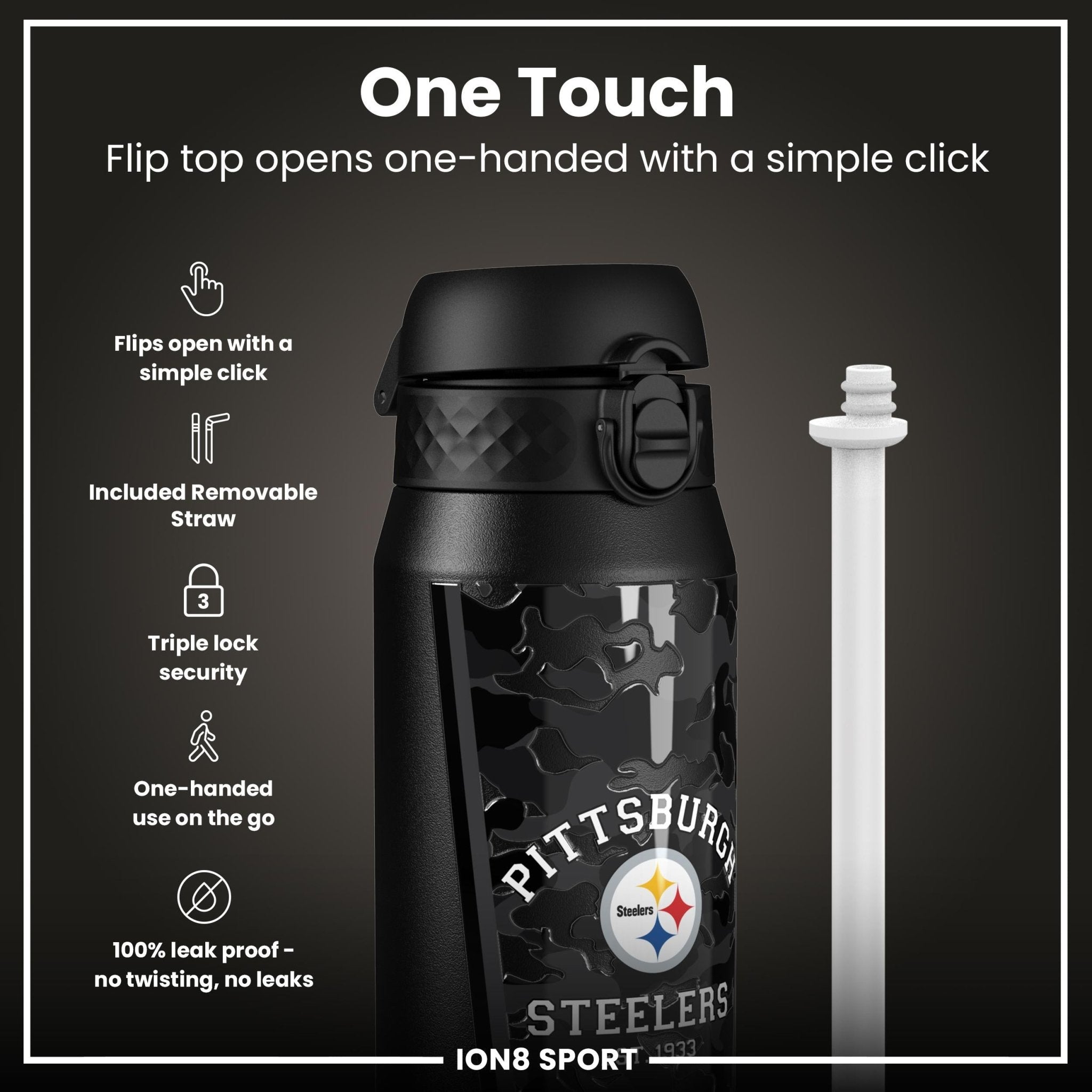 ION8 NFL Steelers insulated steel water bottle, 750ml, with team logo and durable design, suitable for sports and outdoor use