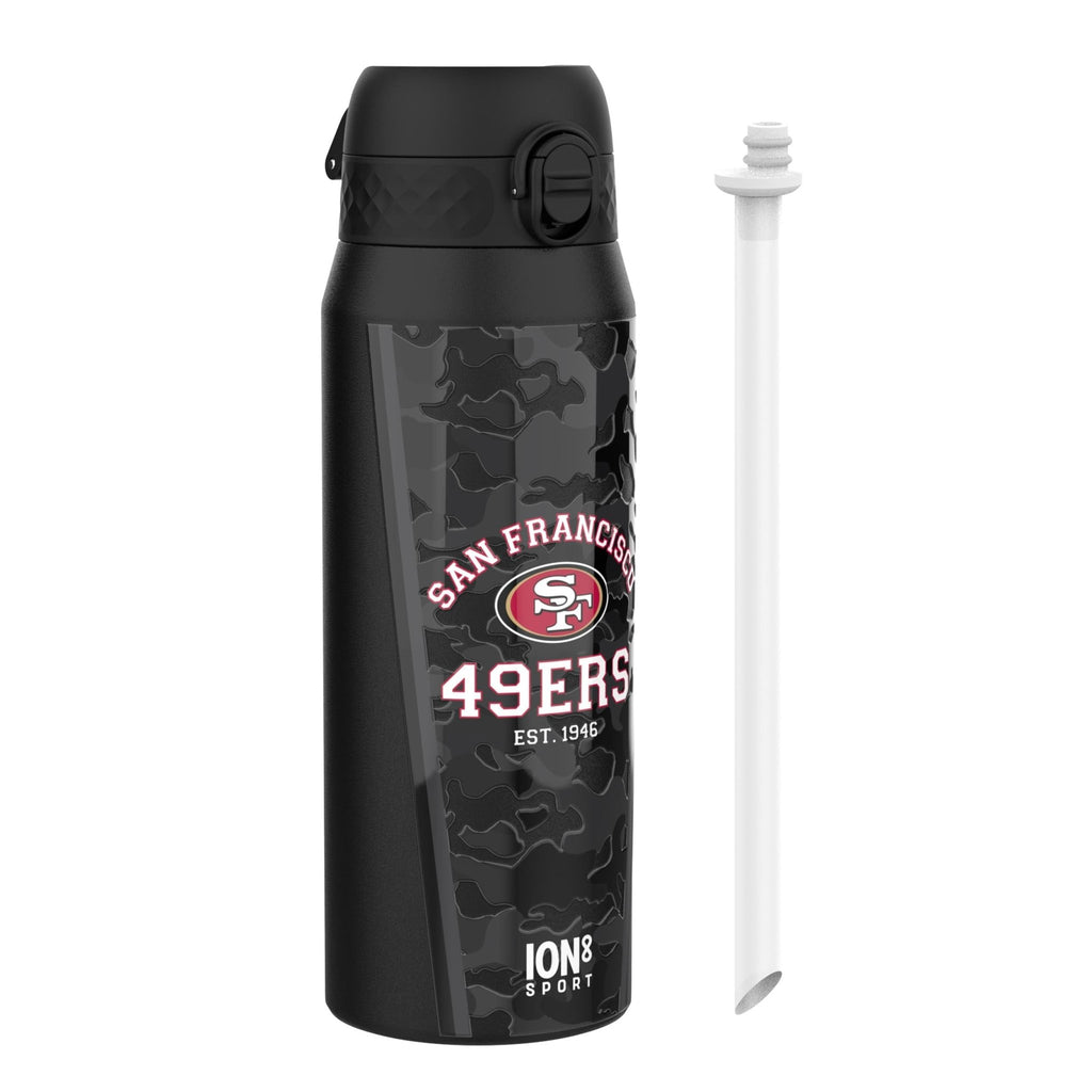 ION8 NFL 49ers insulated steel water bottle, 750ml, with team logo and sleek design, perfect for keeping drinks cold or hot.