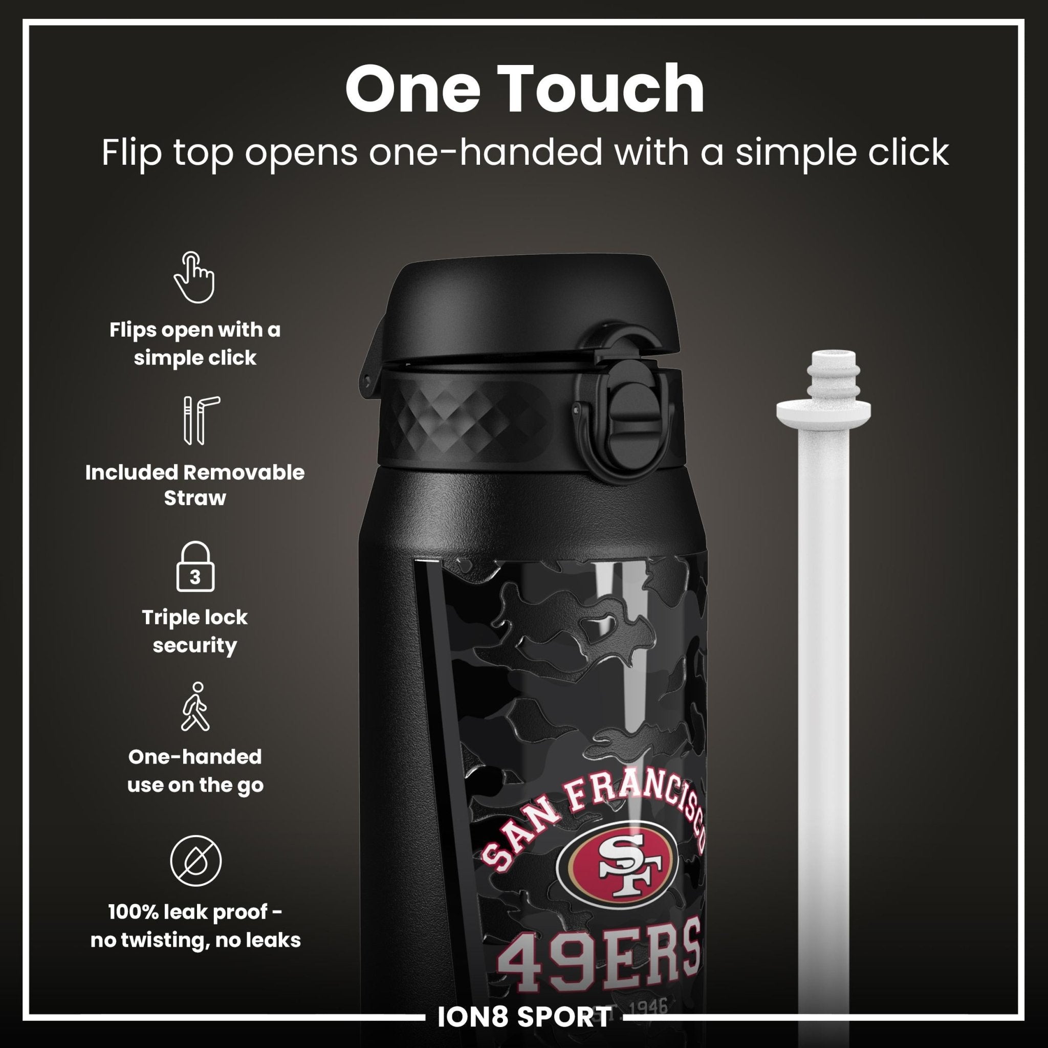ION8 NFL 49ers insulated steel water bottle, 750ml, with team logo and leak-proof design, ideal for sports and outdoor use.