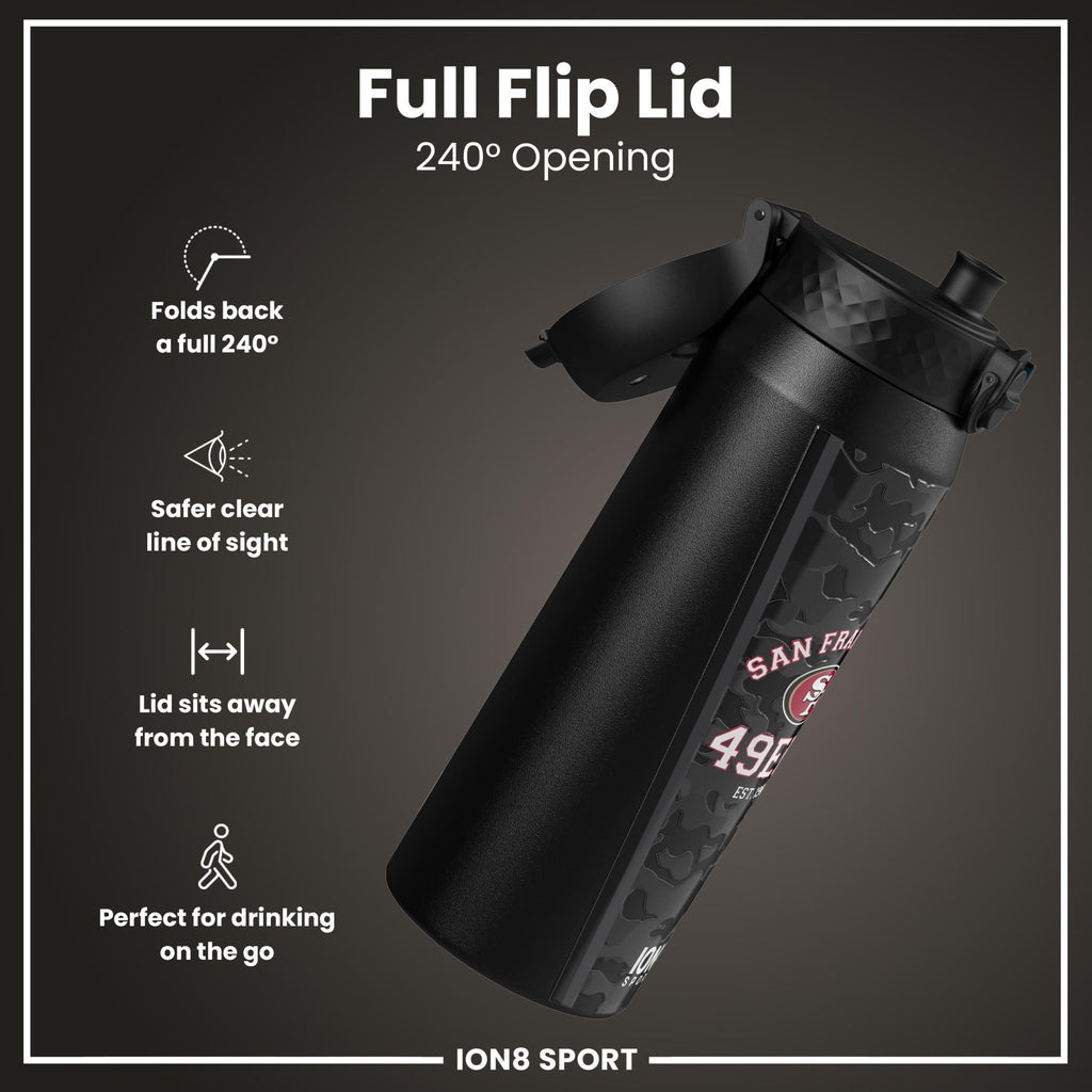Ion8 insulated steel water bottle featuring NFL 49ers logo, 750ml (24oz) capacity, durable design, and leak-proof lid.