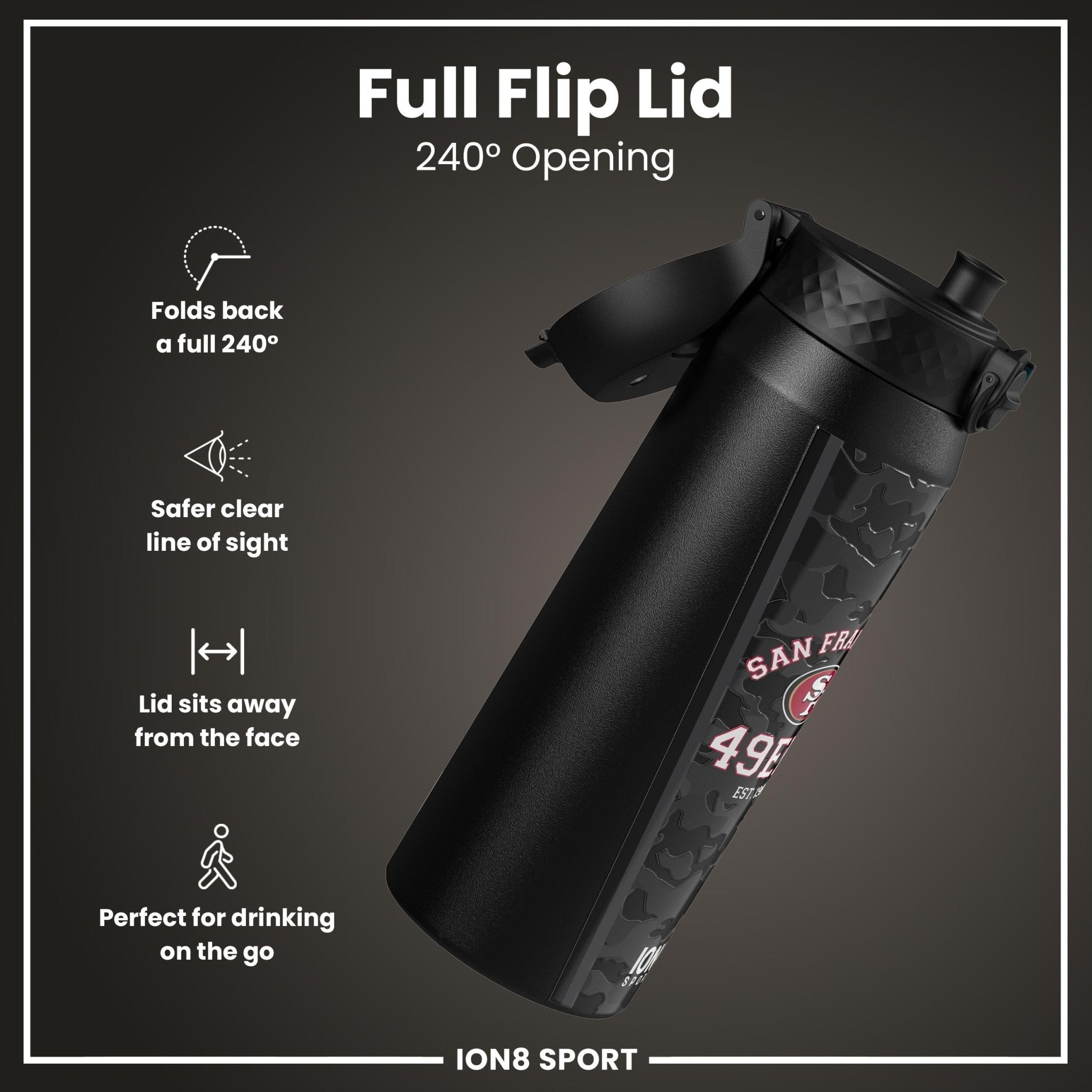 Ion8 insulated steel water bottle featuring NFL 49ers logo, 750ml (24oz) capacity, durable design, and leak-proof lid.