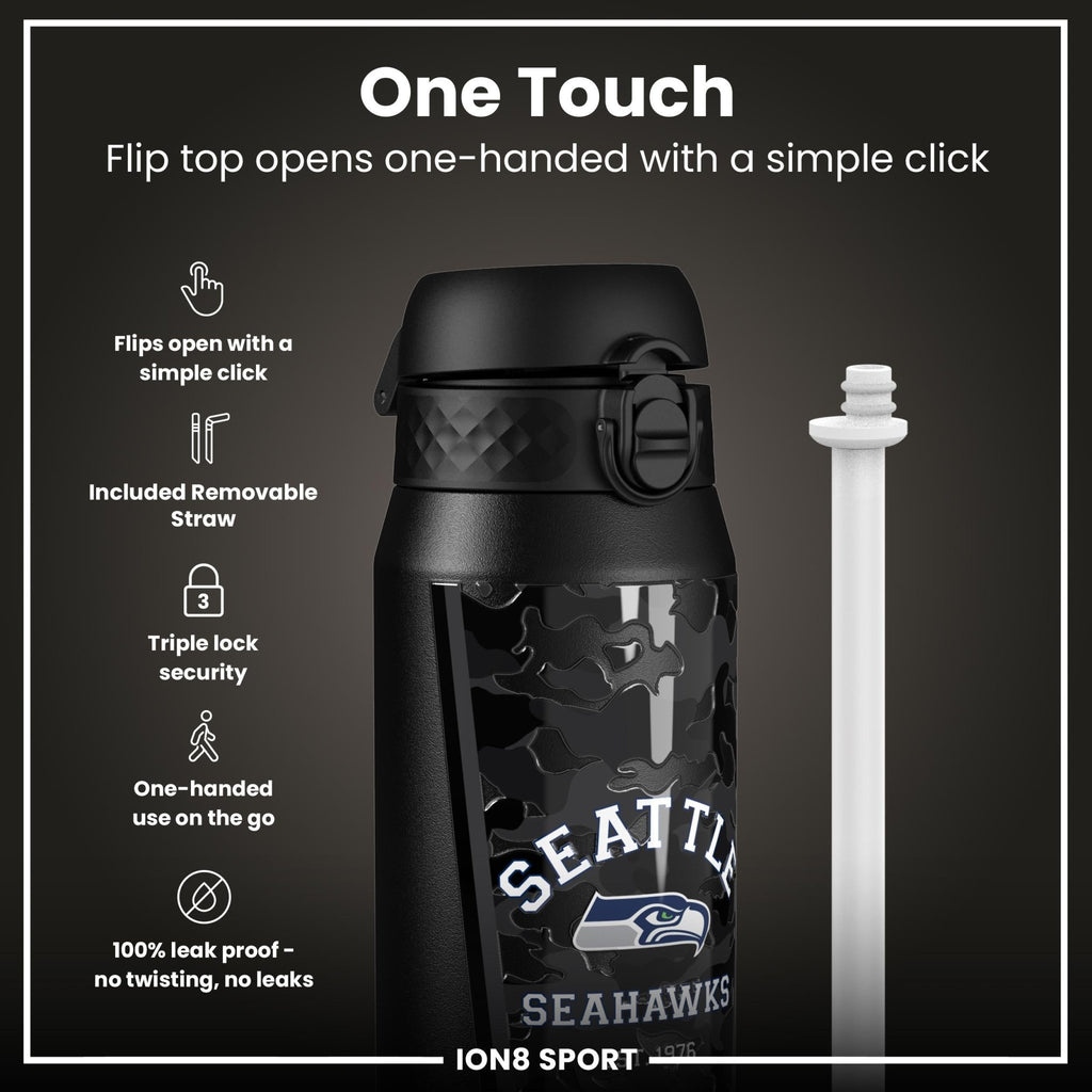ION8 NFL Seahawks insulated steel water bottle, 750ml, stainless steel, with Seahawks logo and leak-proof lid, outdoor sports hydration