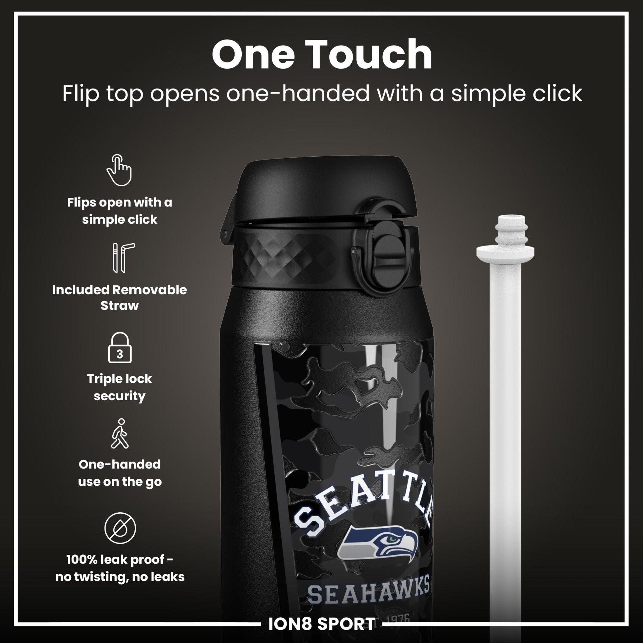 ION8 NFL Seahawks insulated steel water bottle, 750ml, stainless steel, with Seahawks logo and leak-proof lid, outdoor sports hydration