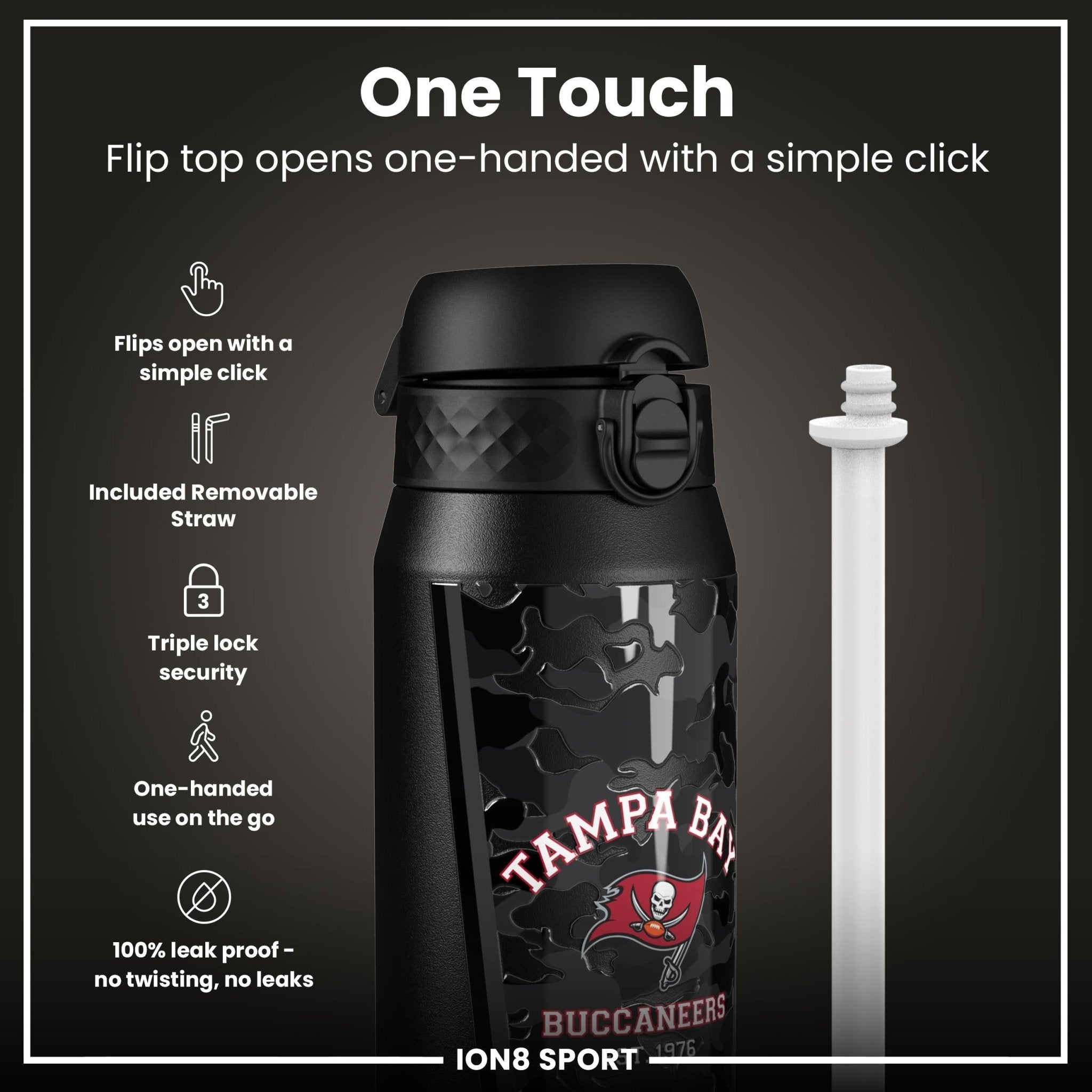 ION8 NFL Buccaneers insulated steel water bottle, 750ml, with team logo and durable design, ideal for cold drinks.