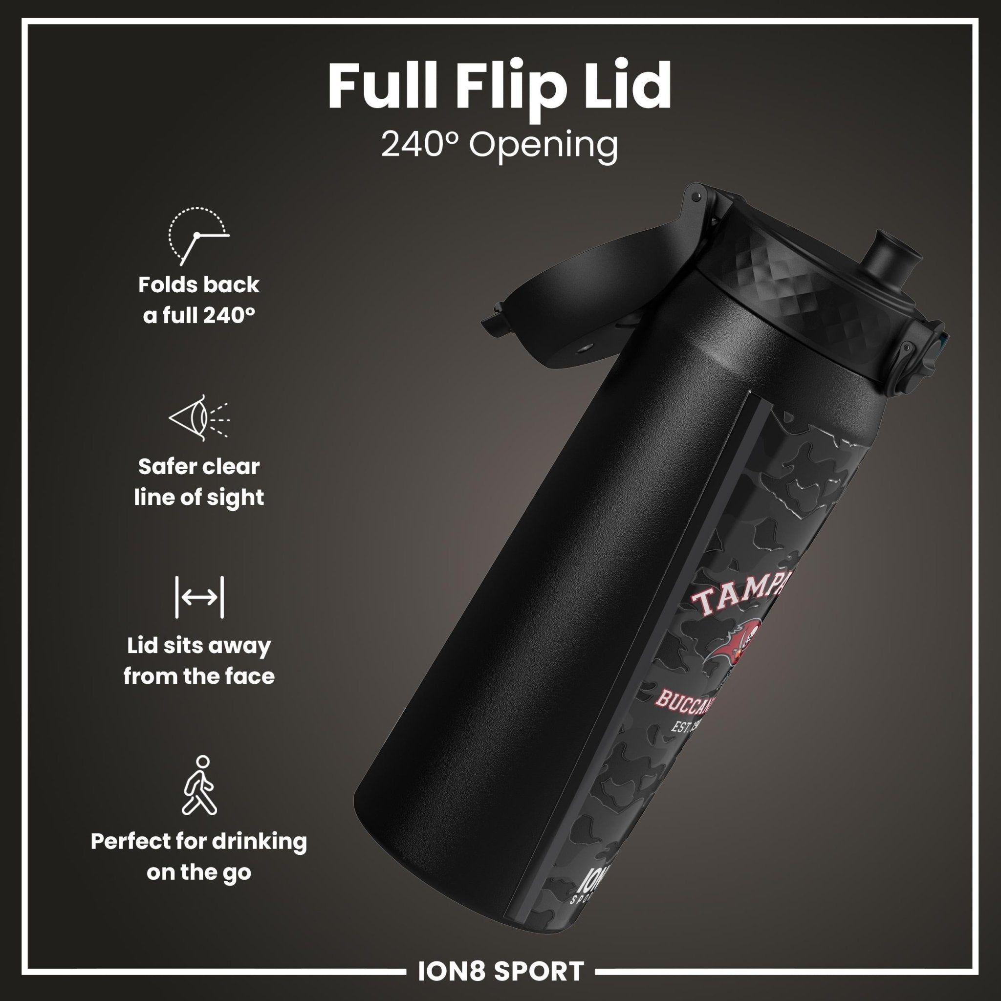 NFL Buccaneers insulated steel water bottle by ION8, 750ml (24oz), showing the team logo and sleek design.
