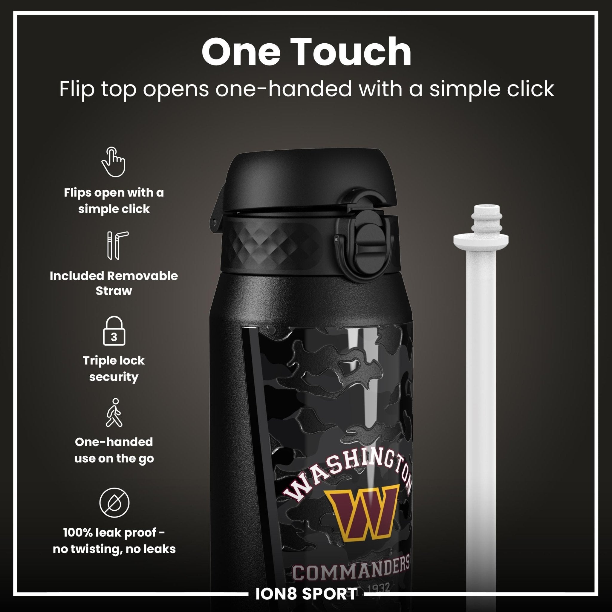 Ion8 NFL Commanders insulated steel water bottle, 750ml, with team logo, double-wall design, and leak-proof lid.