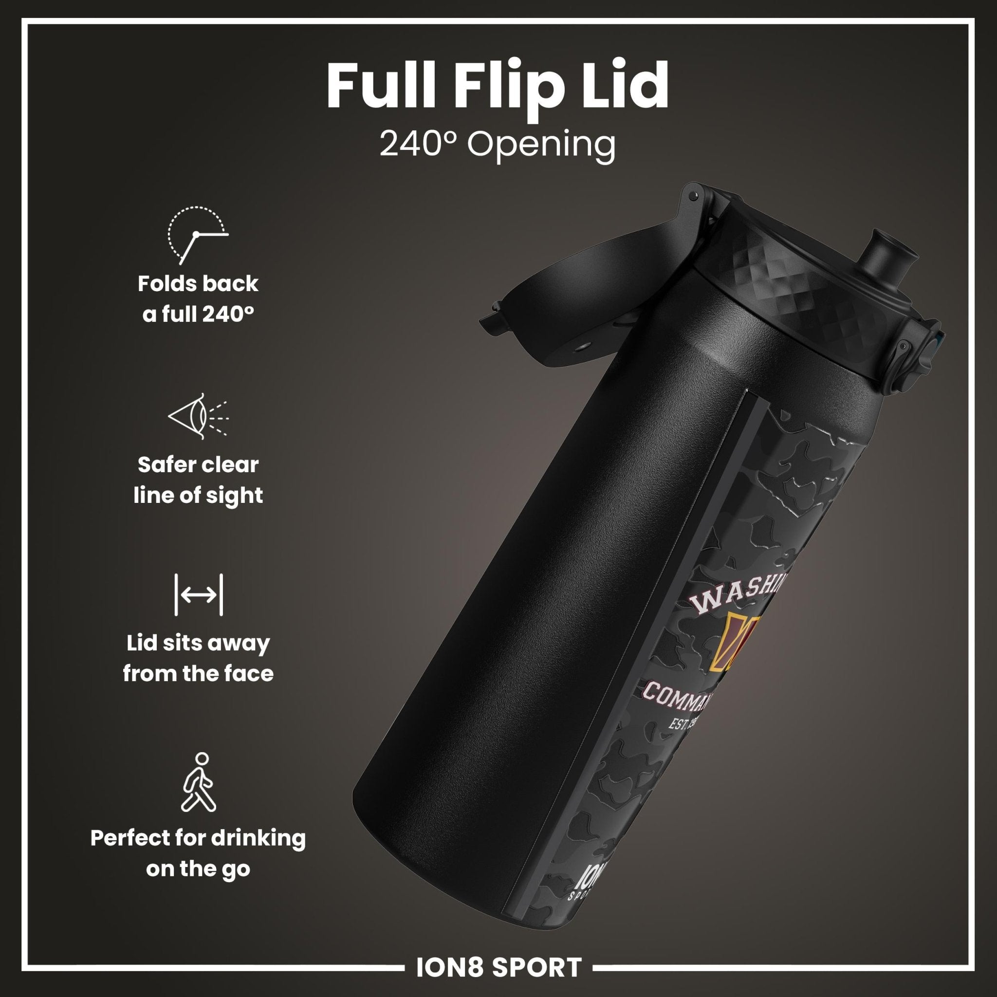 Ion8 NFL Commanders insulated steel water bottle, 750ml, with team logo, durable stainless steel, and leak-proof design for sports use.