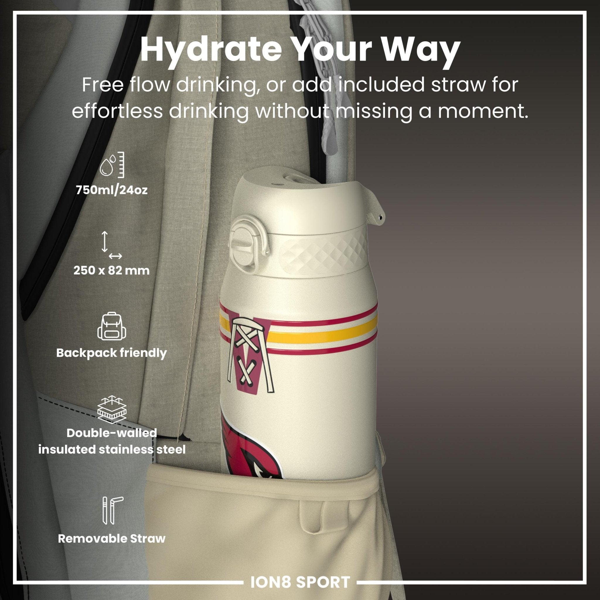 ION8 NFL Cardinals insulated steel water bottle, 750ml (24oz), durable water bottle with team logo and leak-proof design.