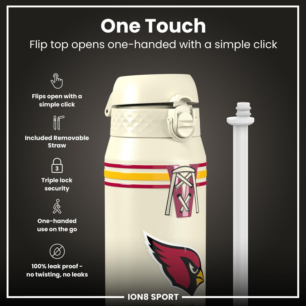 ION8 NFL Cardinals insulated steel water bottle, 750ml (24oz), durable bottle with team logo and leak-proof design