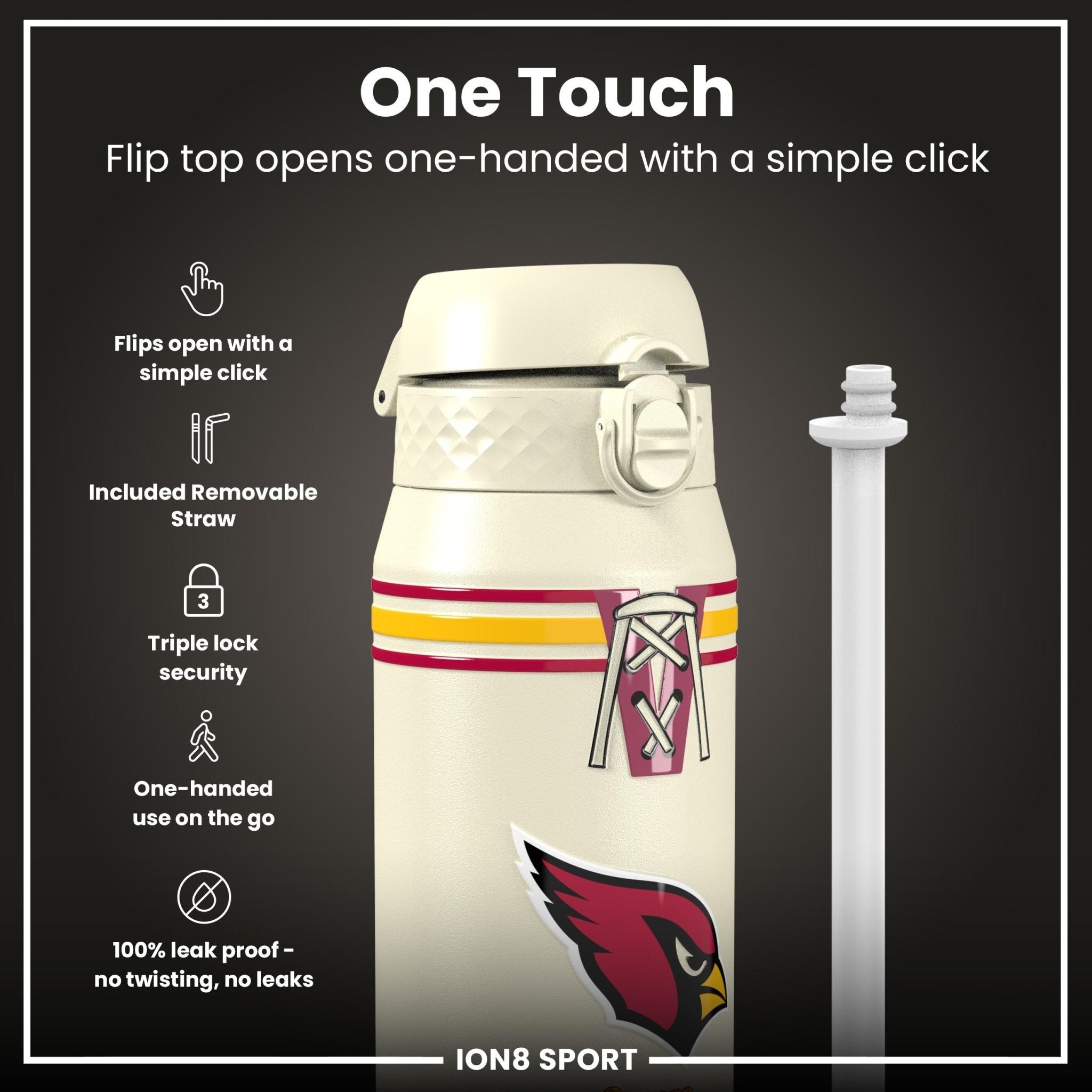ION8 NFL Cardinals insulated steel water bottle, 750ml (24oz), durable bottle with team logo and leak-proof design