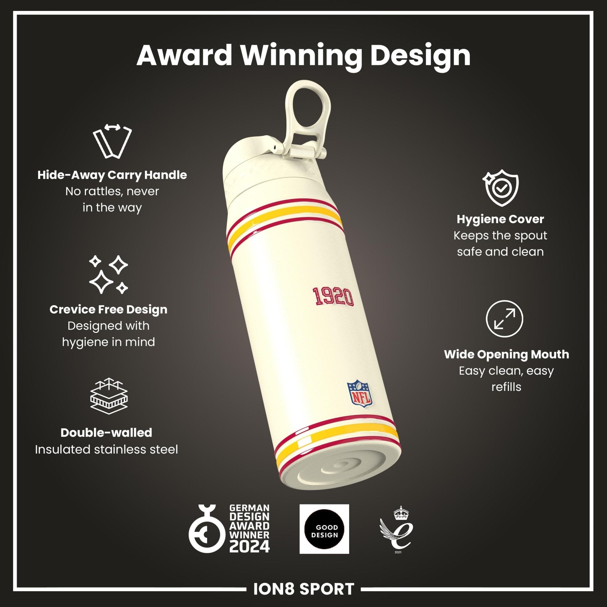 Ion8 NFL Cardinals insulated steel water bottle, 750ml (24oz), durable and leak-proof with team logo and stainless steel construction.