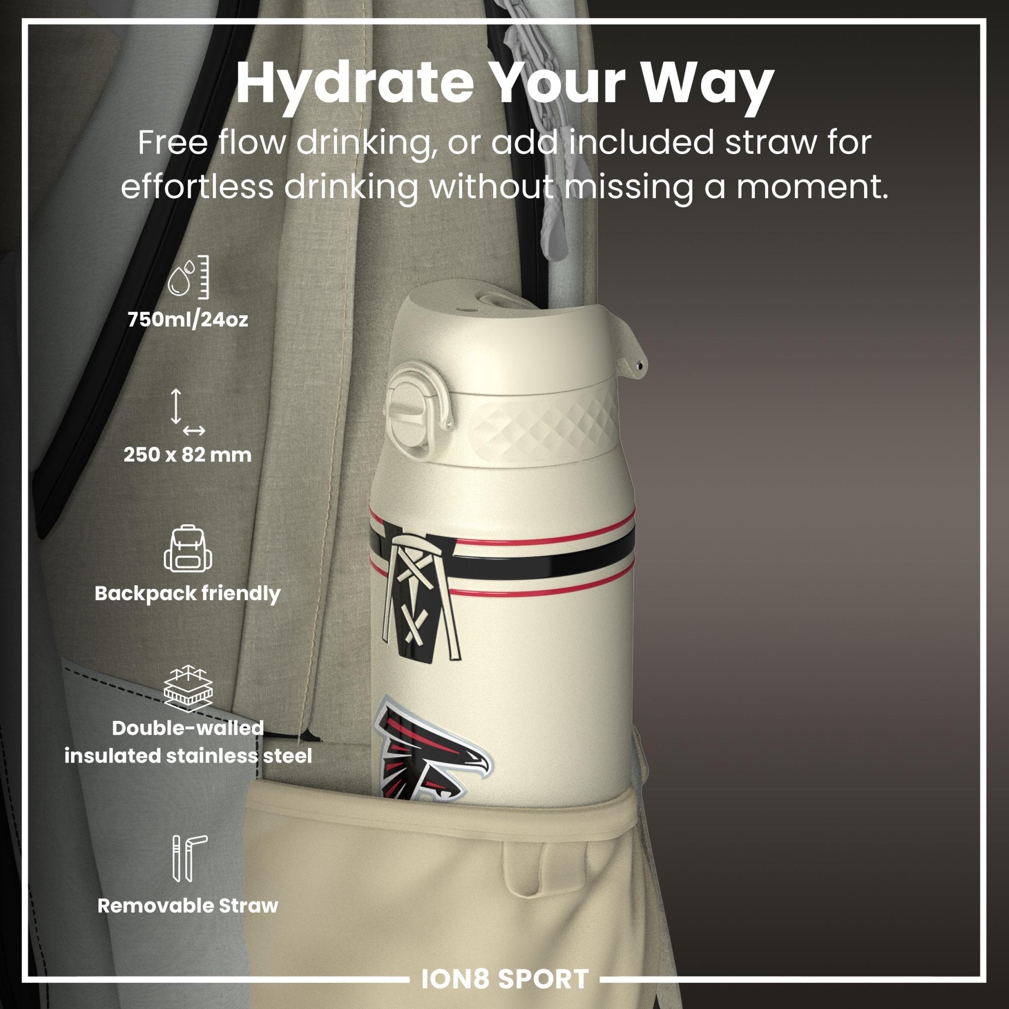 ION8 insulated steel water bottle featuring the NFL Falcons logo, 750ml capacity, durable design for on-the-go hydration.