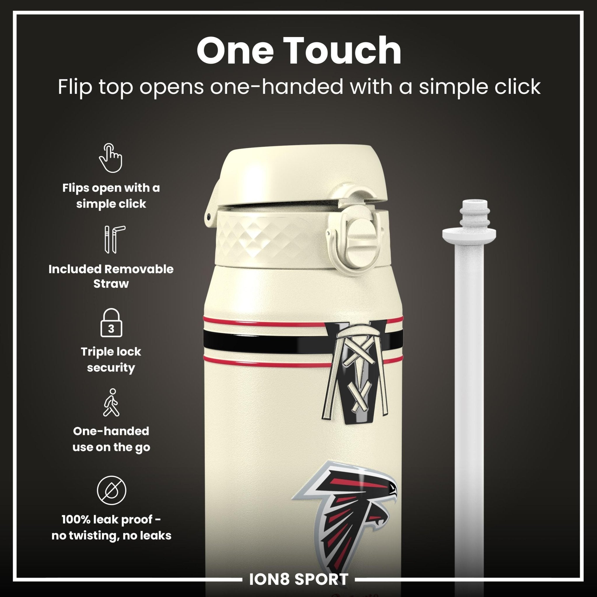ION8 NFL Falcons insulated steel water bottle, 750ml (24oz), durable design with team logo, perfect for staying hydrated on the go.